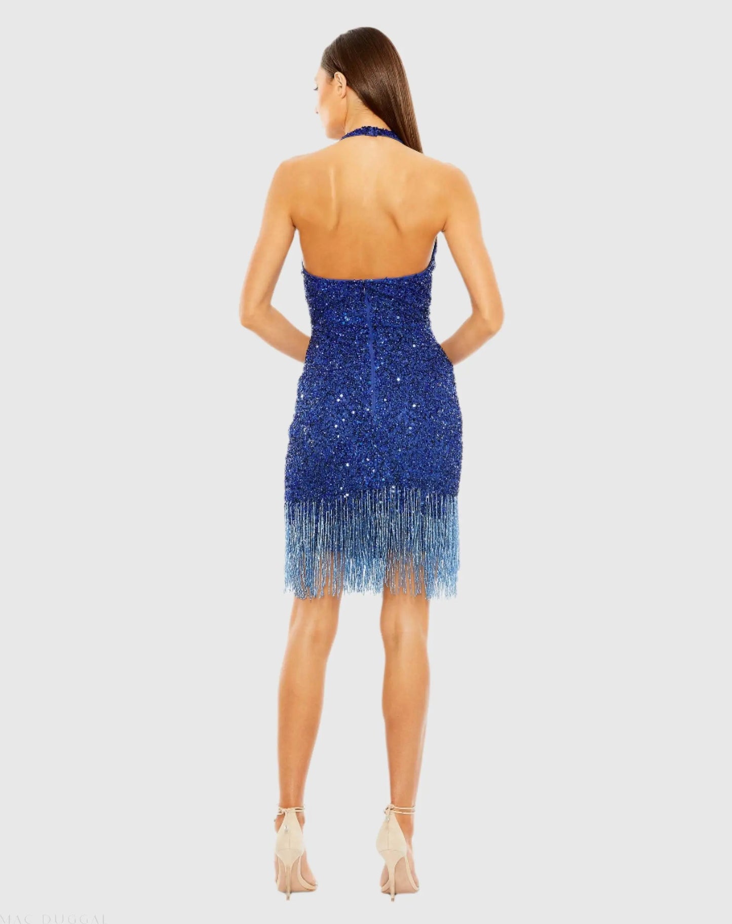 Blue Cross Front Keyhole Top Beaded Fringe Mini Dress - Mac Duggal