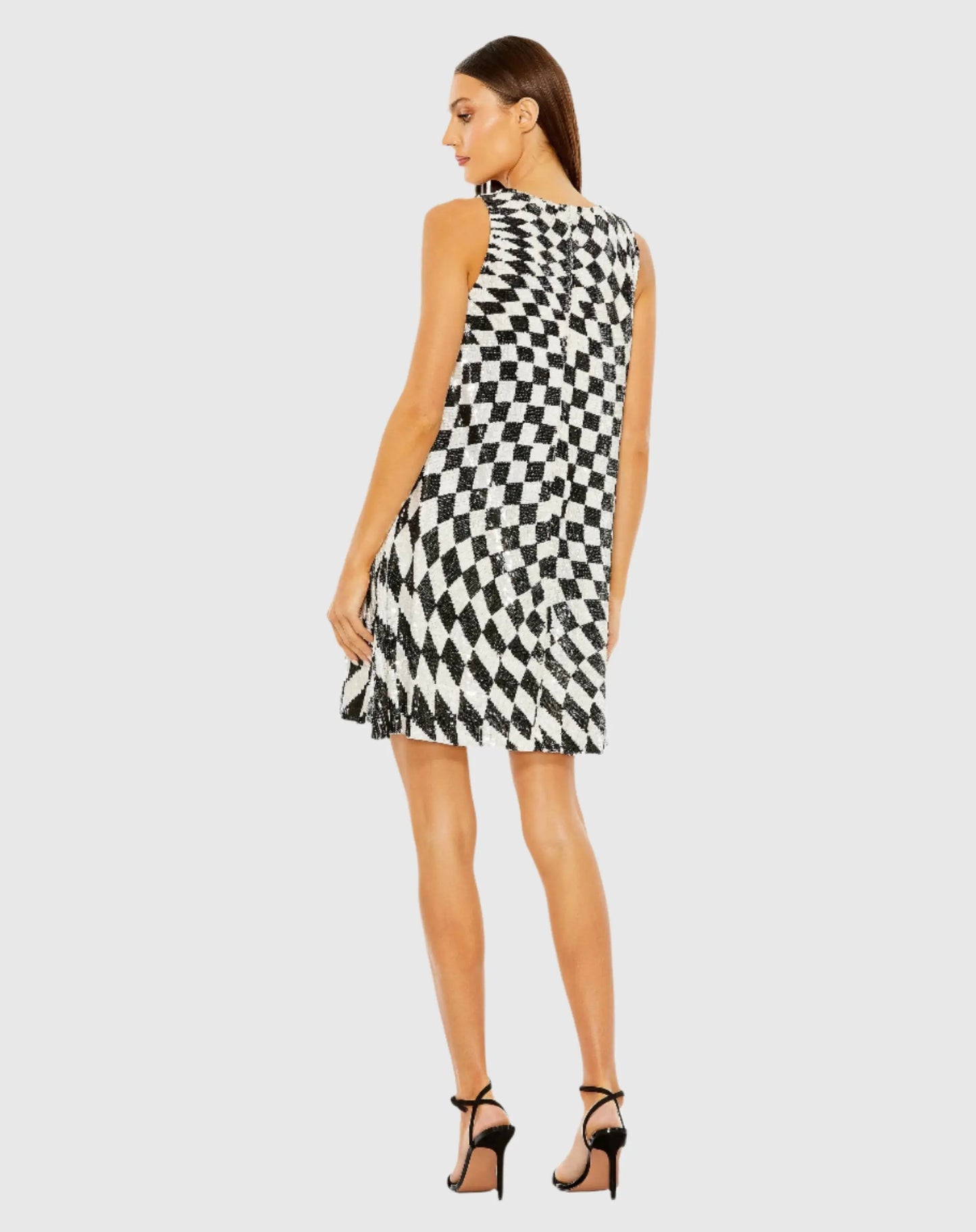 Black and White Sleeveless A-Line Sequin Checkered Mini Dress - Mac Duggal