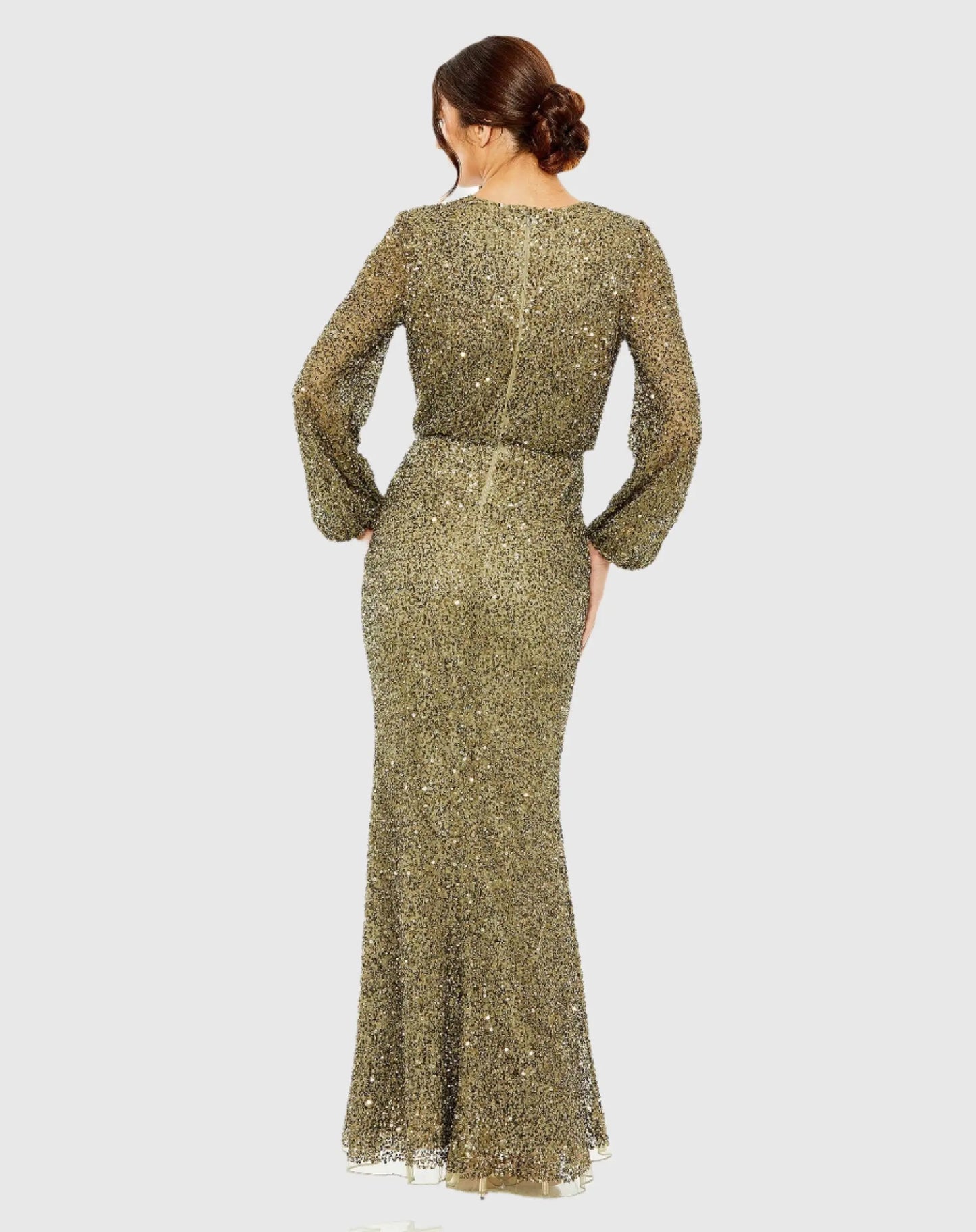 Green High Neck Long Sleeve Beaded Blouson Gown - Mac Duggal