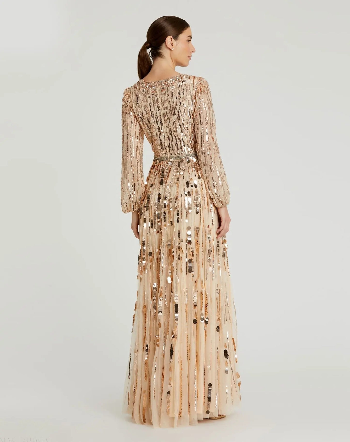 Beige Embellished Mesh Long Sleeve V Neck Gown - Mac Duggal