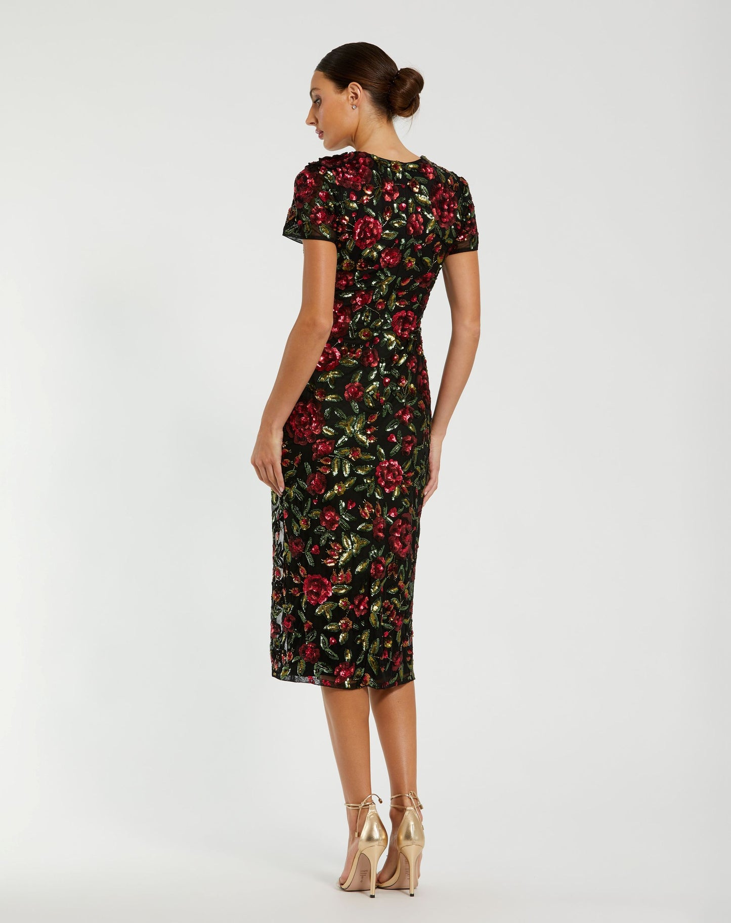 Black High Neck Floral Embellished Midi Dress - Mac Duggal