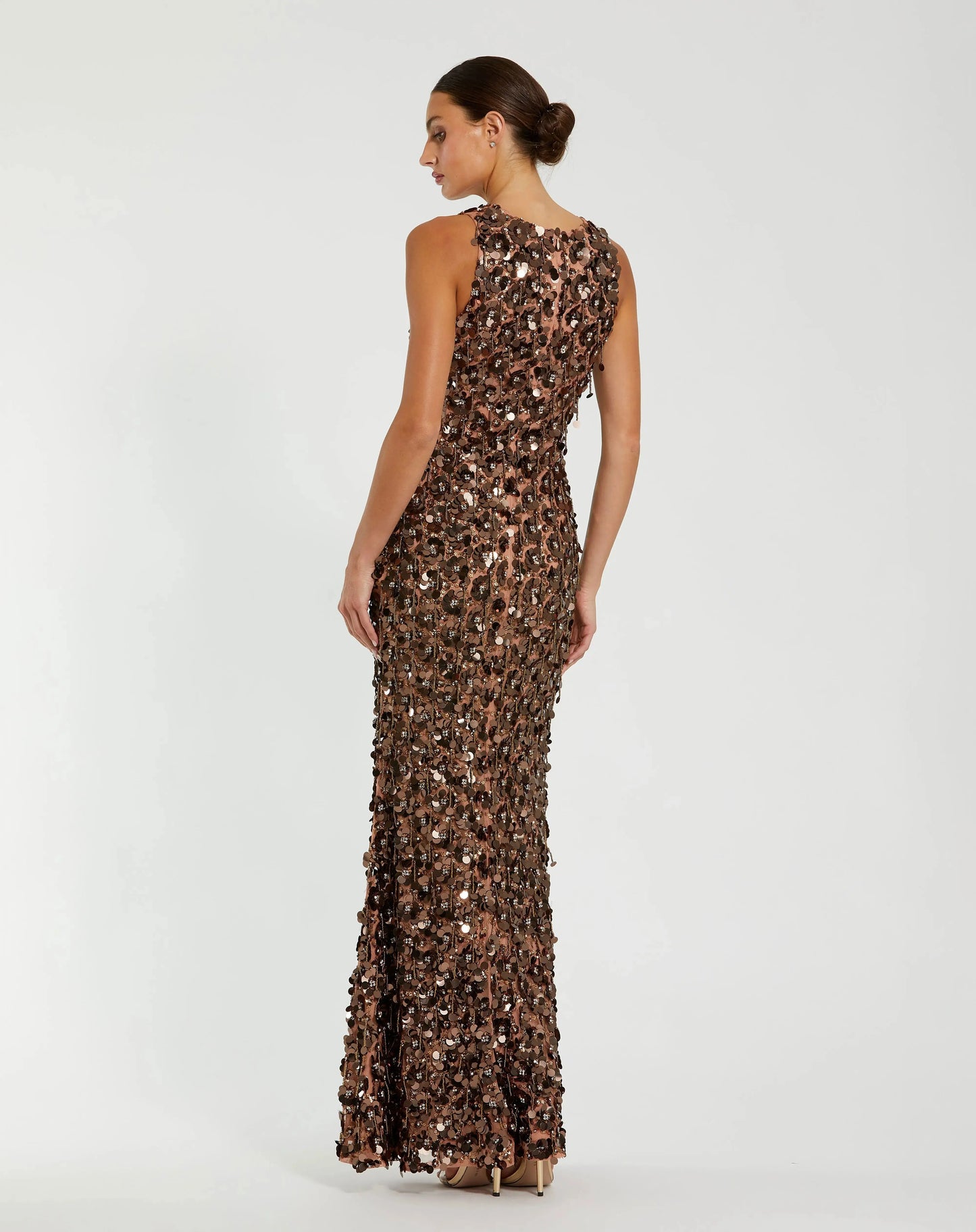 Brown Sequin Embellished Sleeveless Gown With Beaded Fringe - Mac Duggal