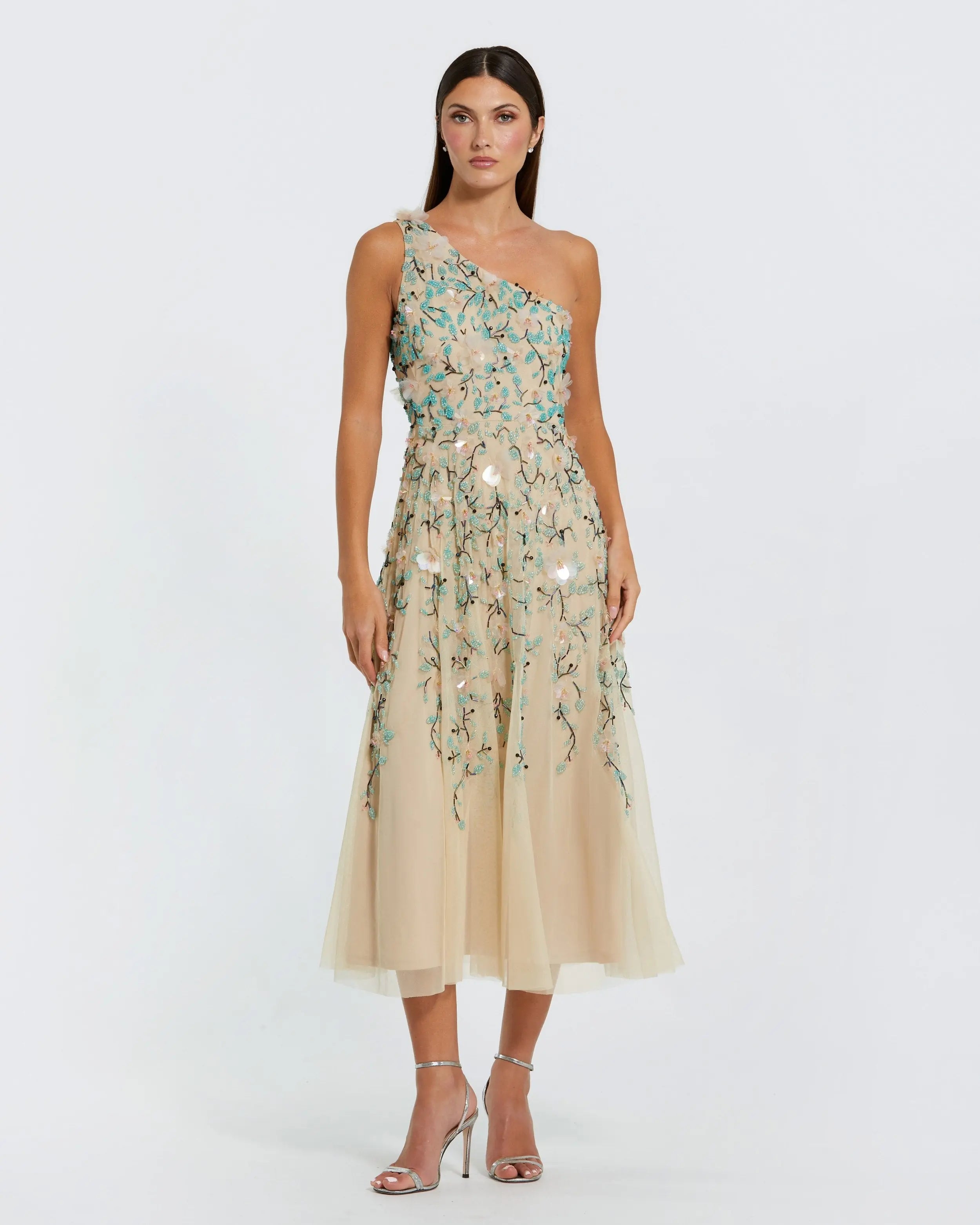 Beige Floral Embellished One Shoulder Midi Dress | Mac Duggal Beige Floral Embellished One Shoulder Midi Dress | Mac Duggal