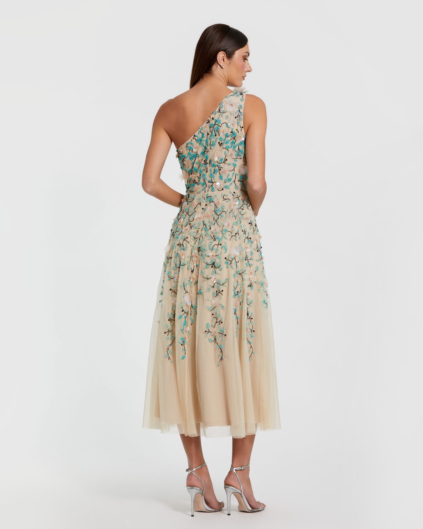 Beige Floral Embellished One Shoulder Midi Dress