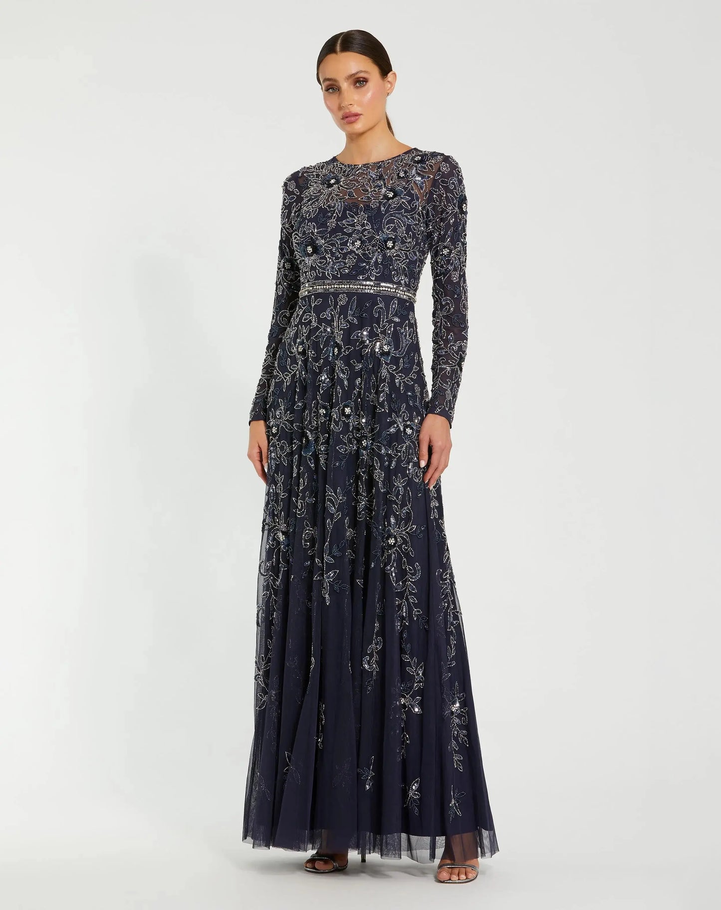 Long Sleeve Floral Embellished Mesh A Line Gown - Mac Duggal