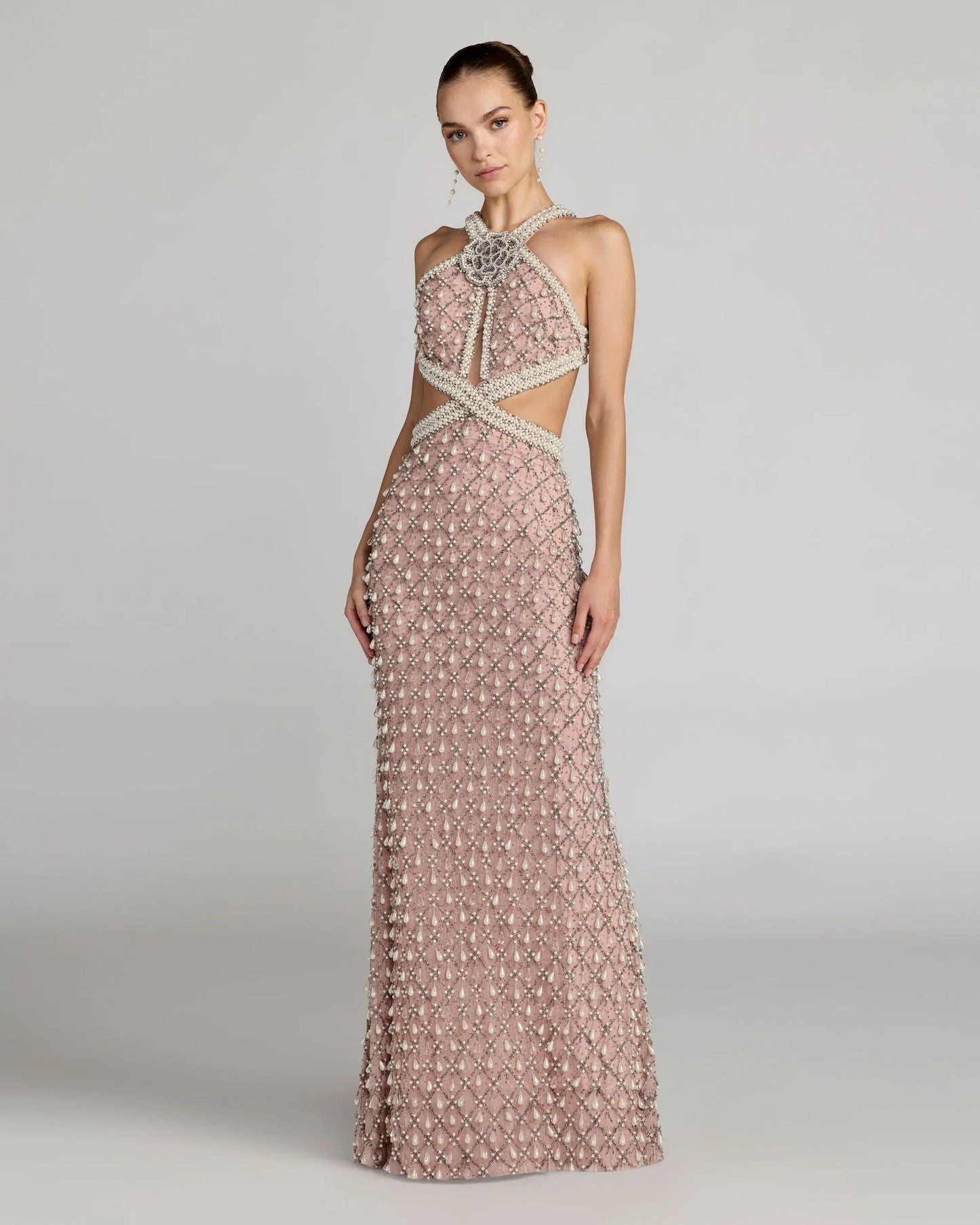 Pink Backless Cutout Pearl Embellished Gown Mac Duggal