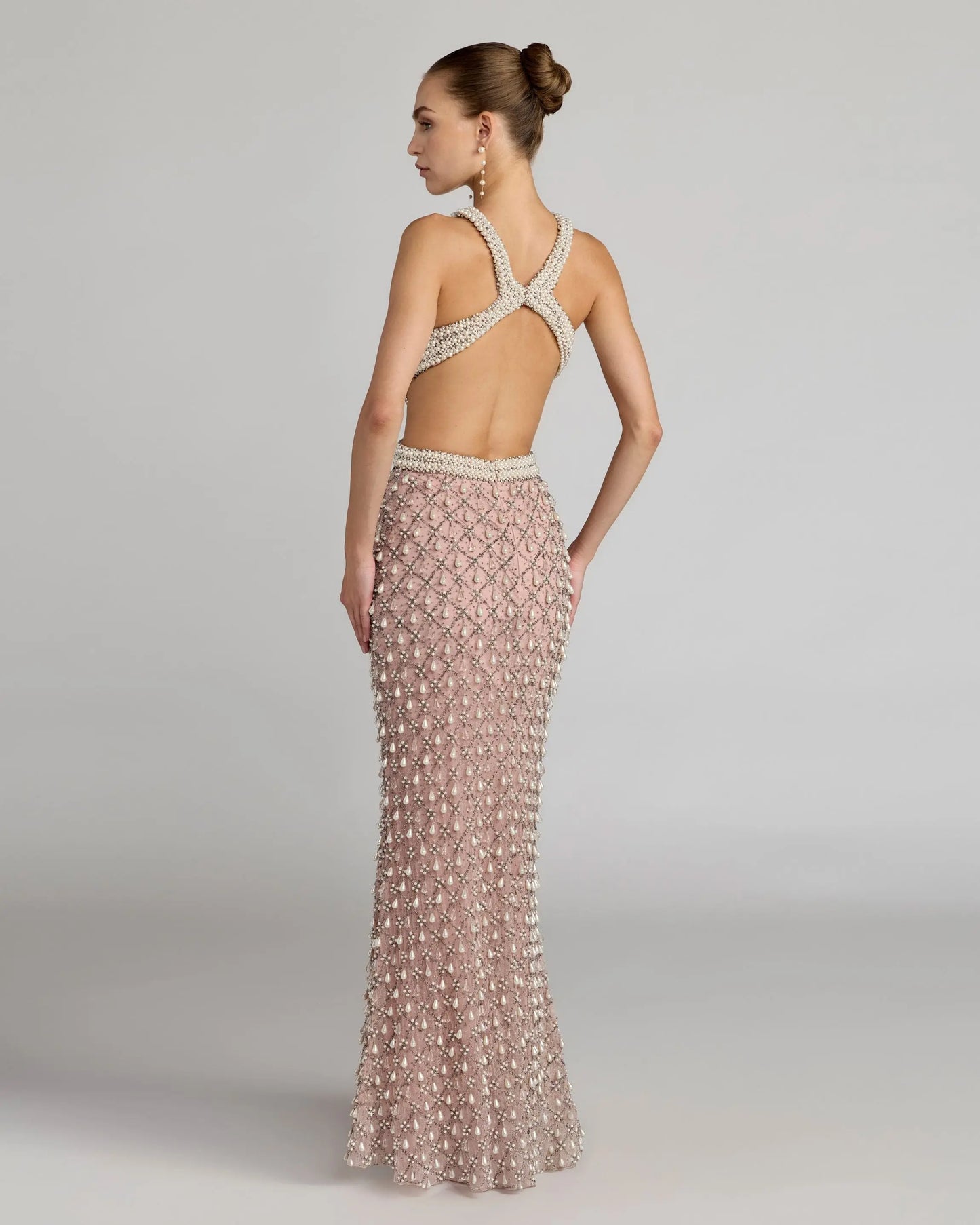 Pink Backless Cutout Pearl Embellished Gown Mac Duggal