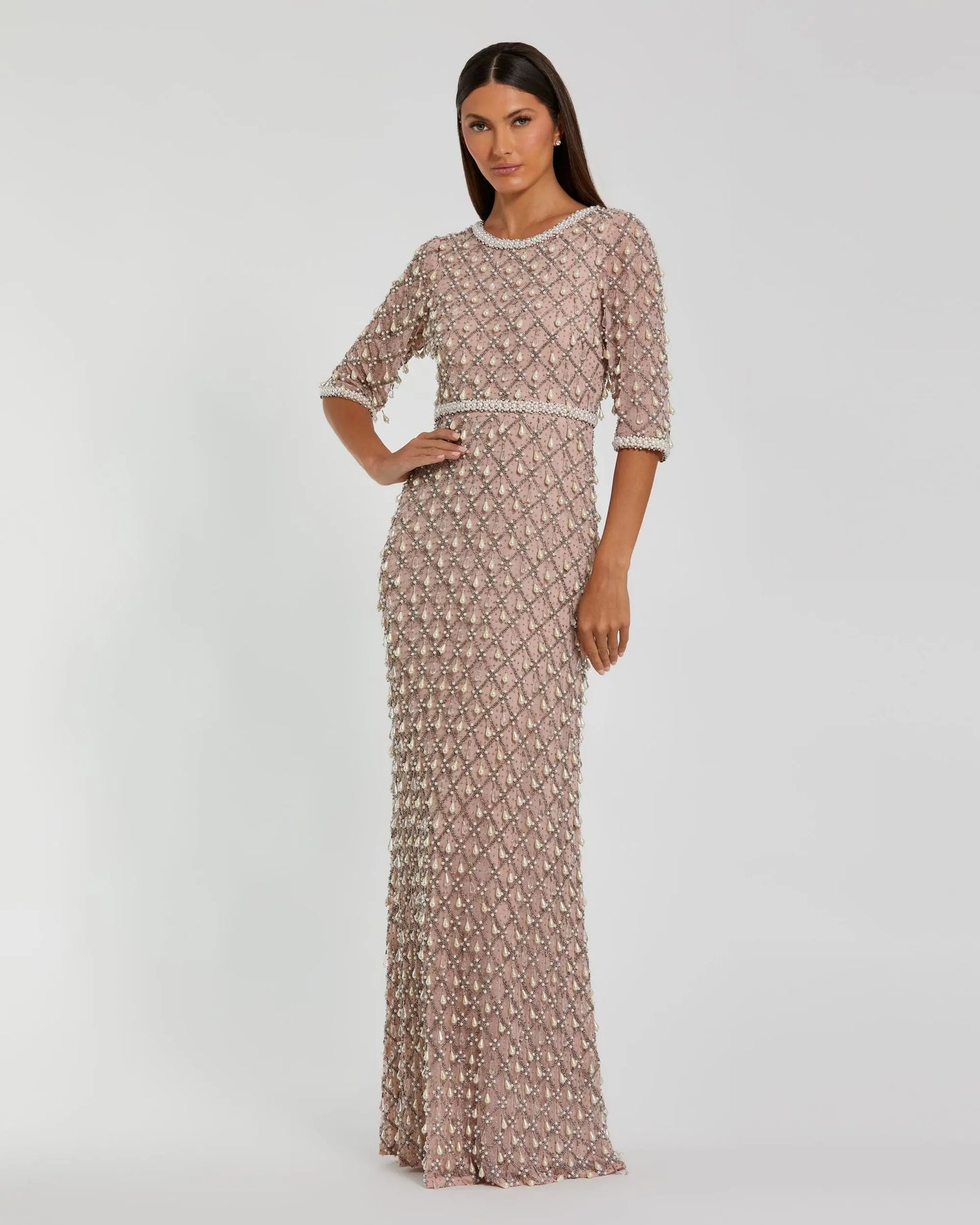 Pink Pearl Embellished 3/4 Sleeve Gown - Mac Duggal