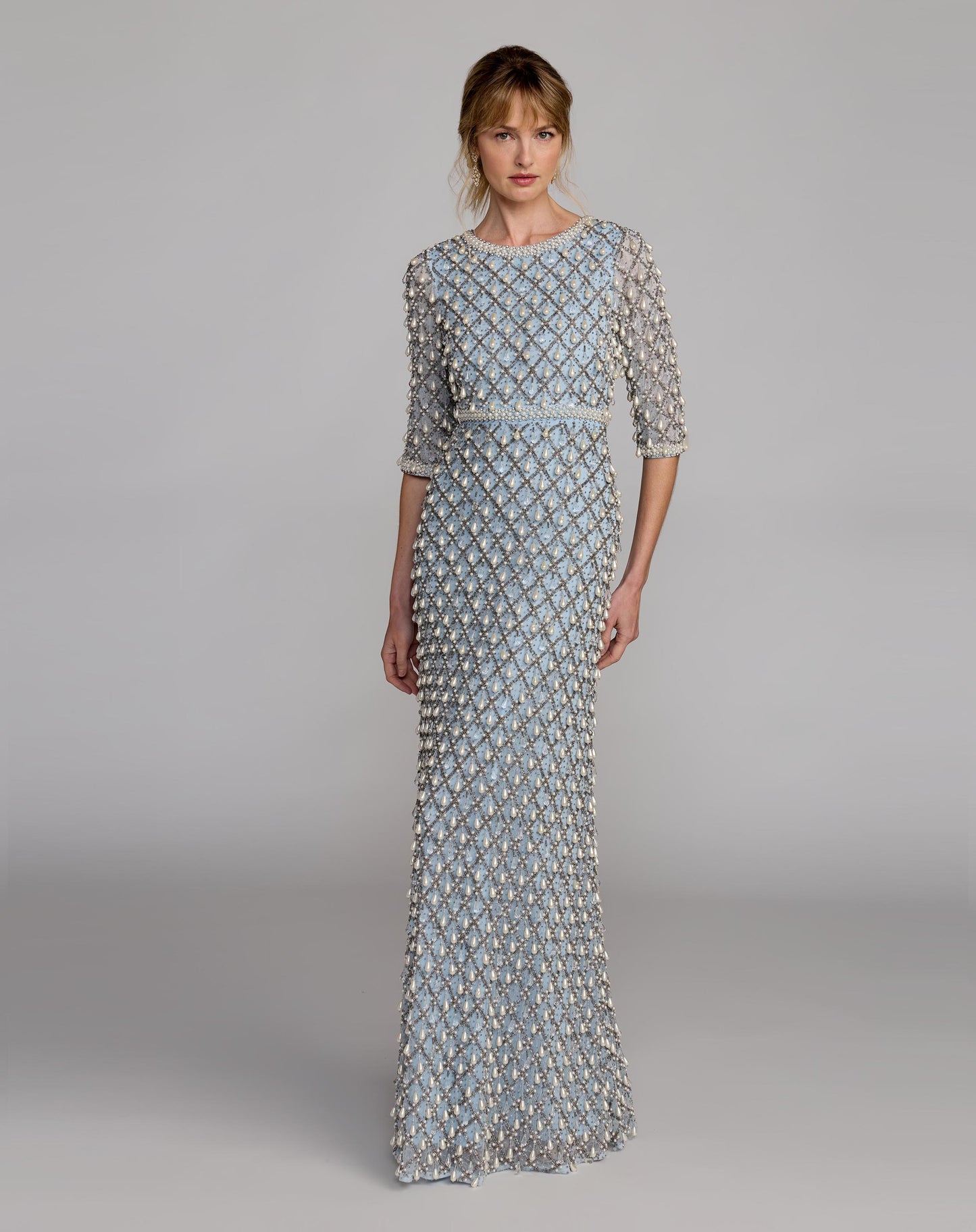 Blue Pearl Embellished 3/4 Sleeve Gown - Mac Duggal