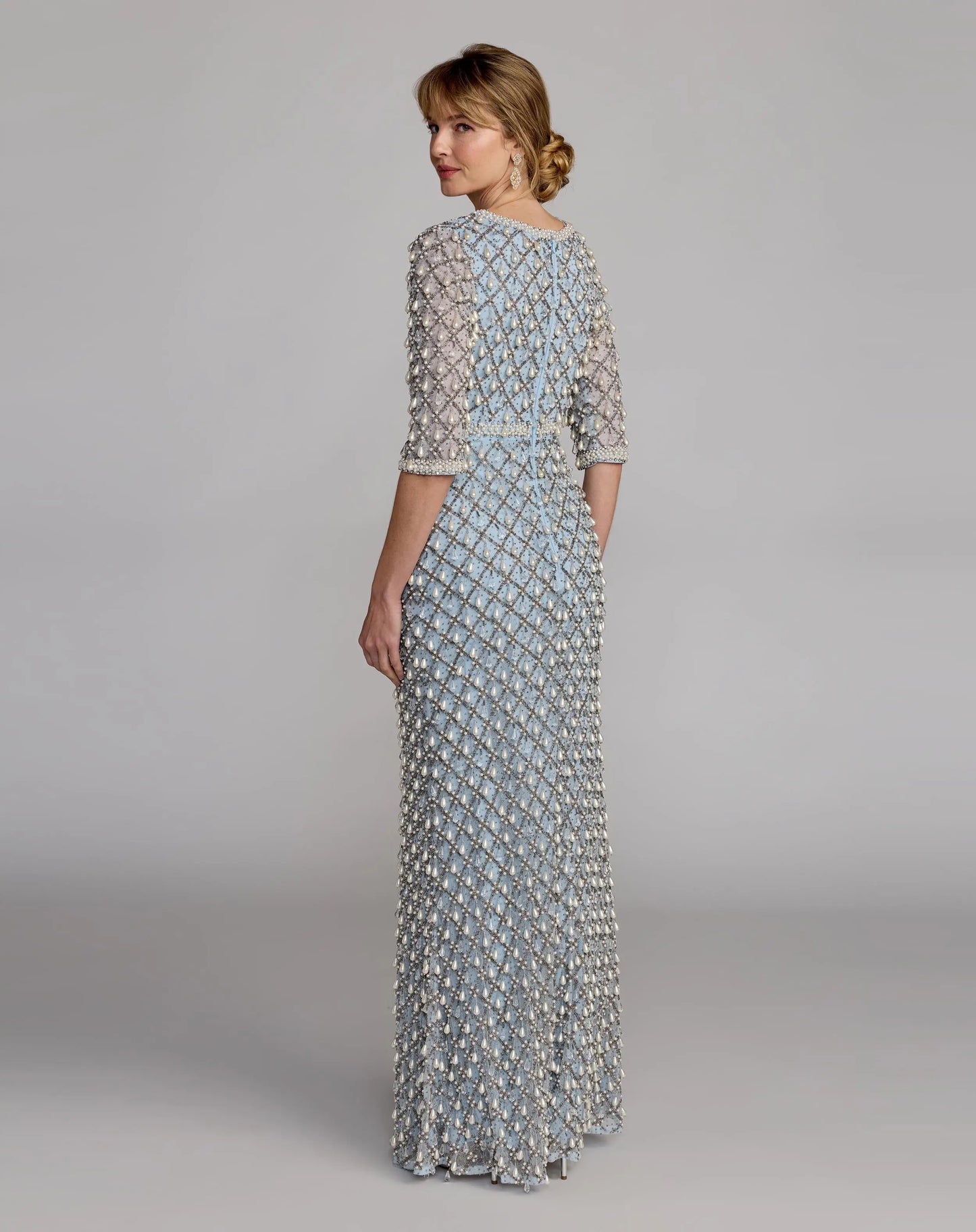 Blue Pearl Embellished 3/4 Sleeve Gown - Mac Duggal