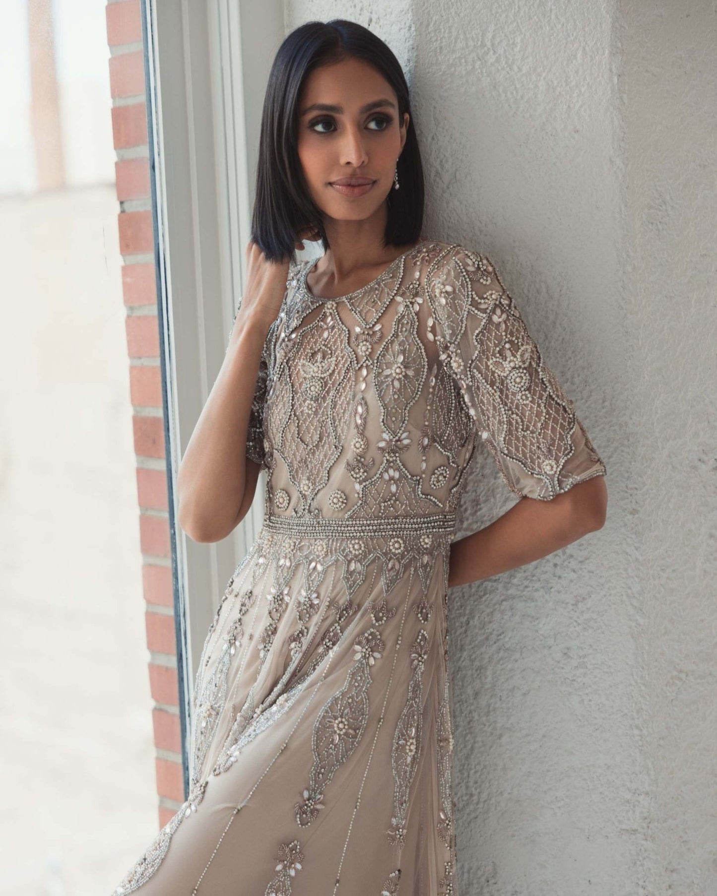 Beige 3/4 Sleeve Embellished A Line Gown - Mac Duggal