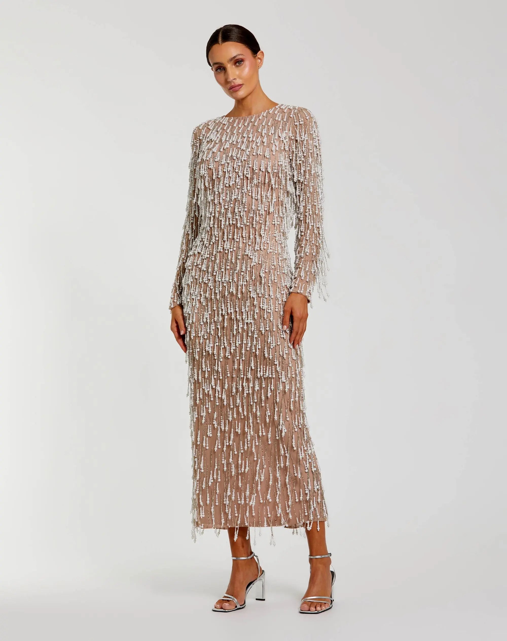 Beige Long Sleeve Midi Dress With Embellished Fringe
