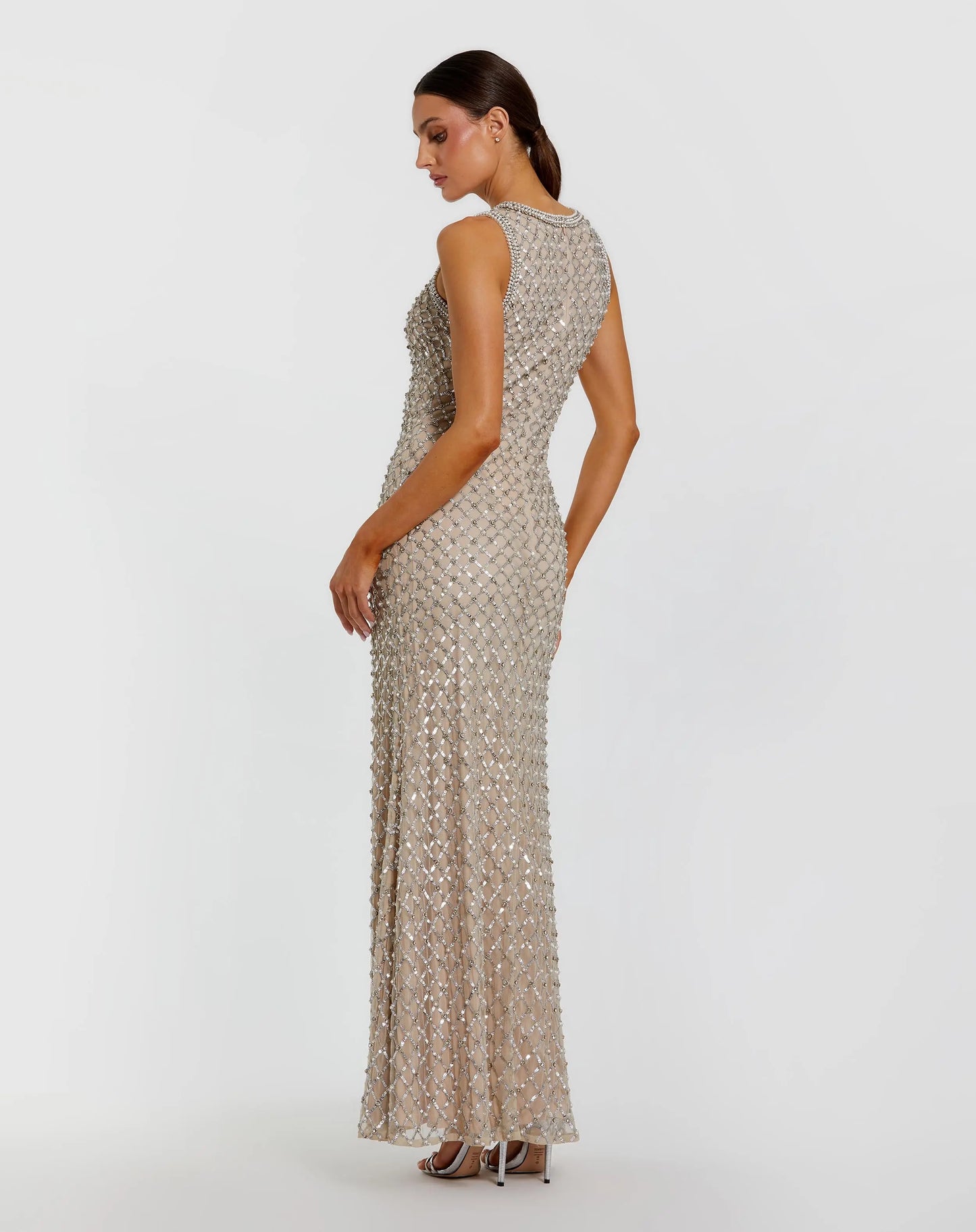 Beige Embellished High Neck Column Gown Mac Duggal