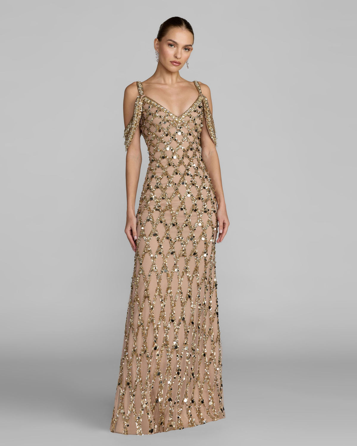 Gold Sequin Embellished V-Neck Gown - Mac Duggal