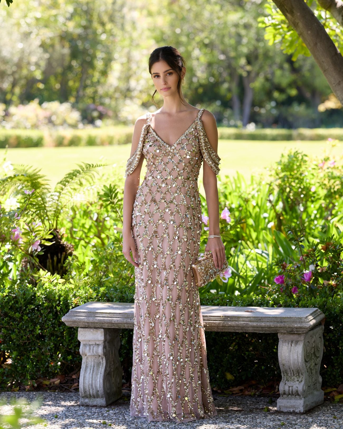 Gold Sequin Embellished V-Neck Gown - Mac Duggal