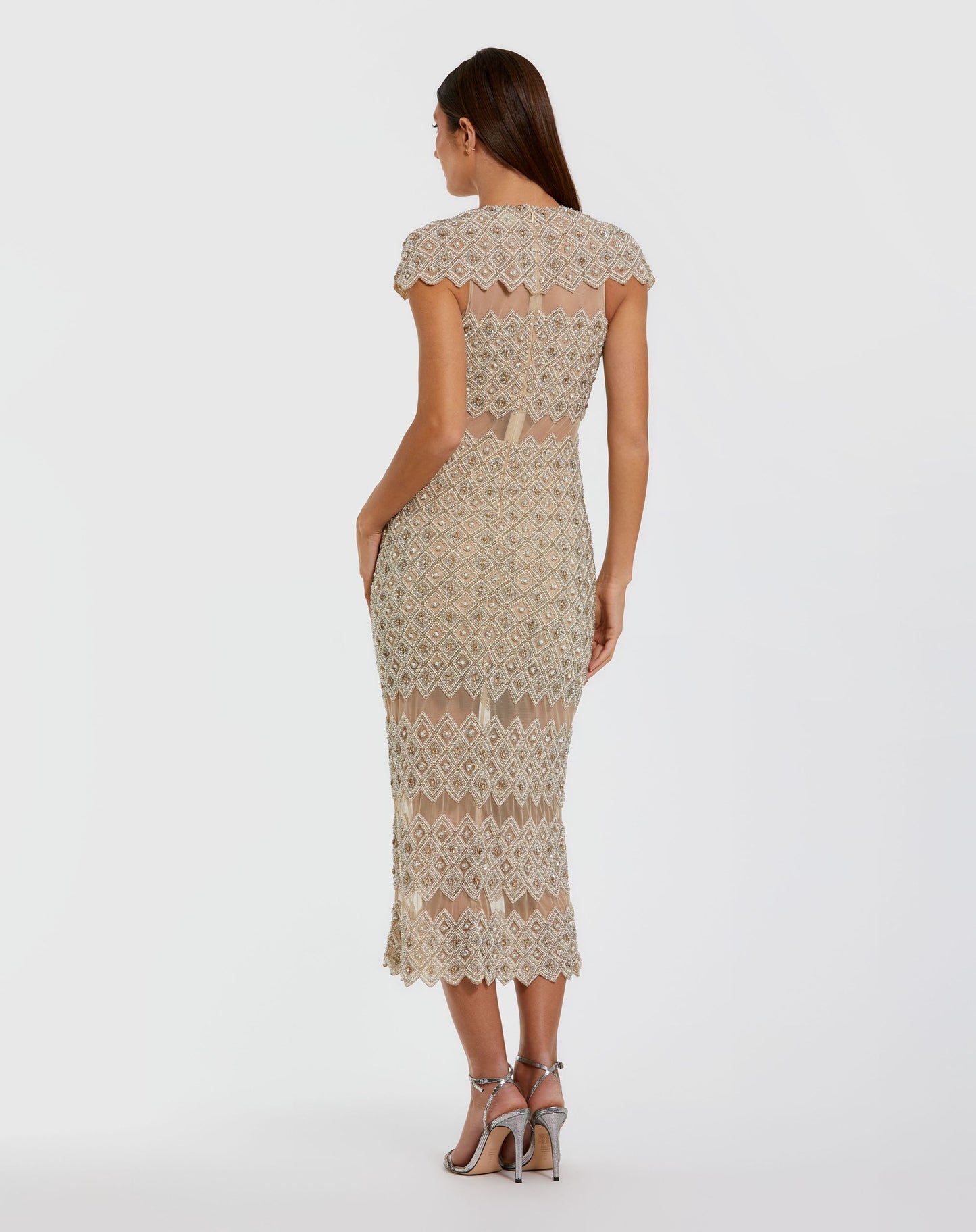 Beige Embellished Mesh Fitted Midi Dress With Sheer Panels - Mac Duggal