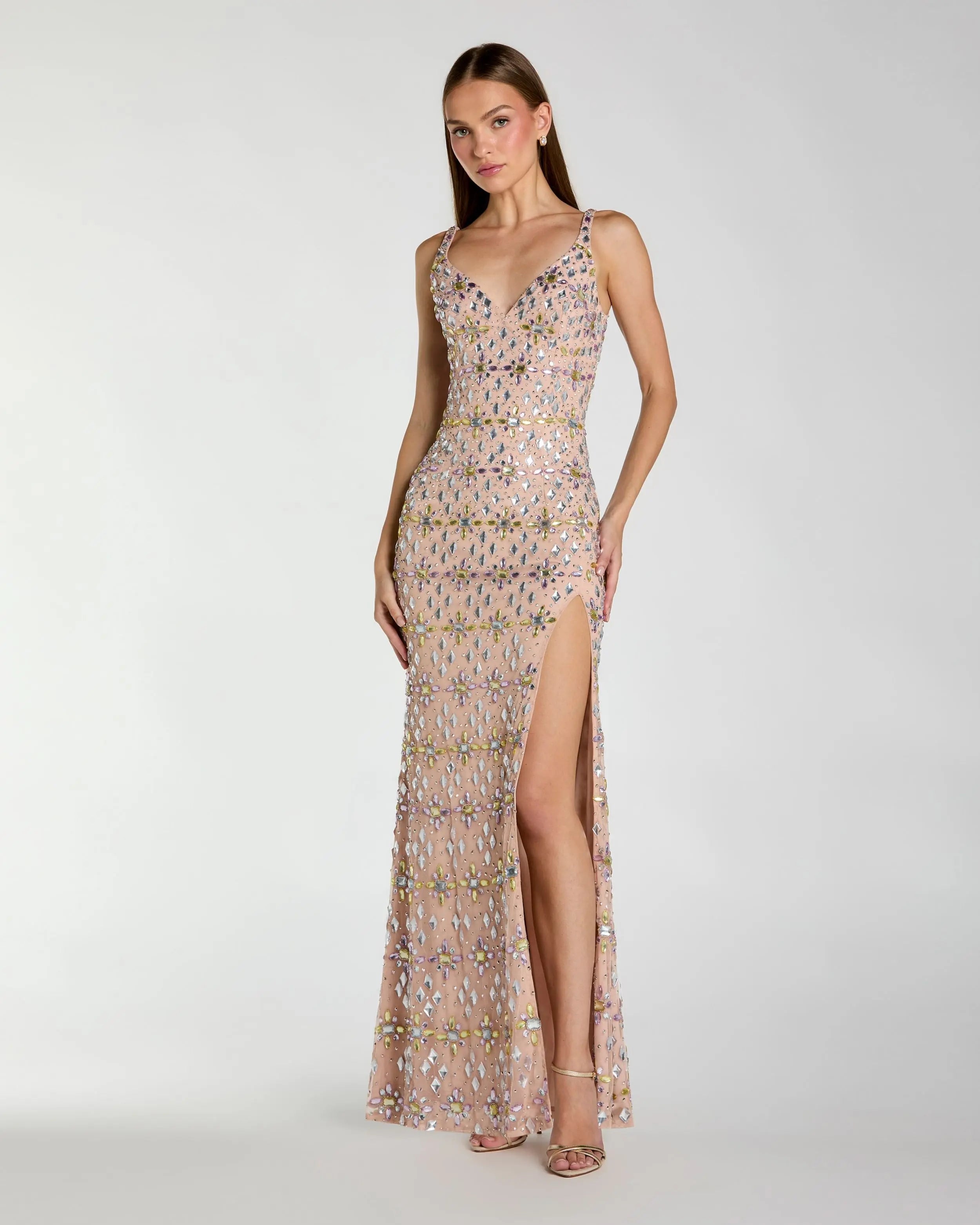 Beige Embellished V Neck Column Gown with Slit