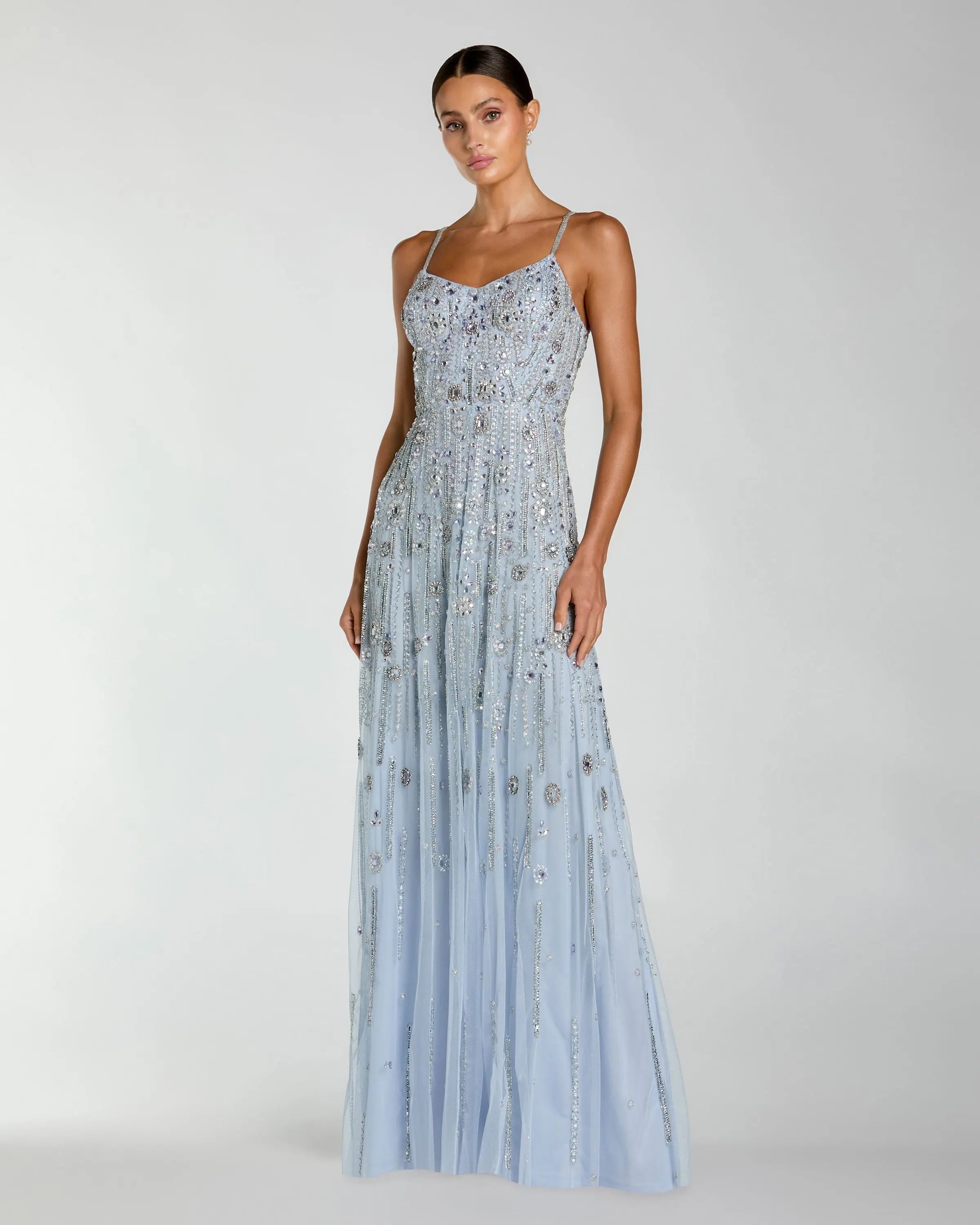 Blue Rhinestone Embellished Sweetheart Neck A-Line Gown | Mac Duggal Blue Rhinestone Embellished Sweetheart Neck A-Line Gown | Mac Duggal