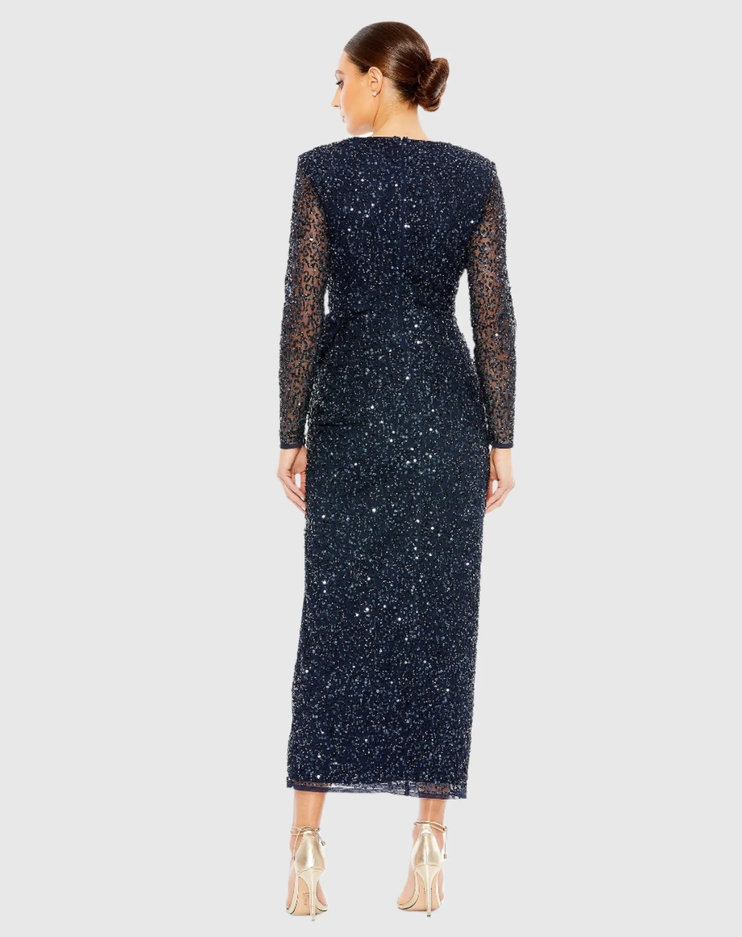 Long Sleeve V-Neck Sequin Dress - Mac Duggal