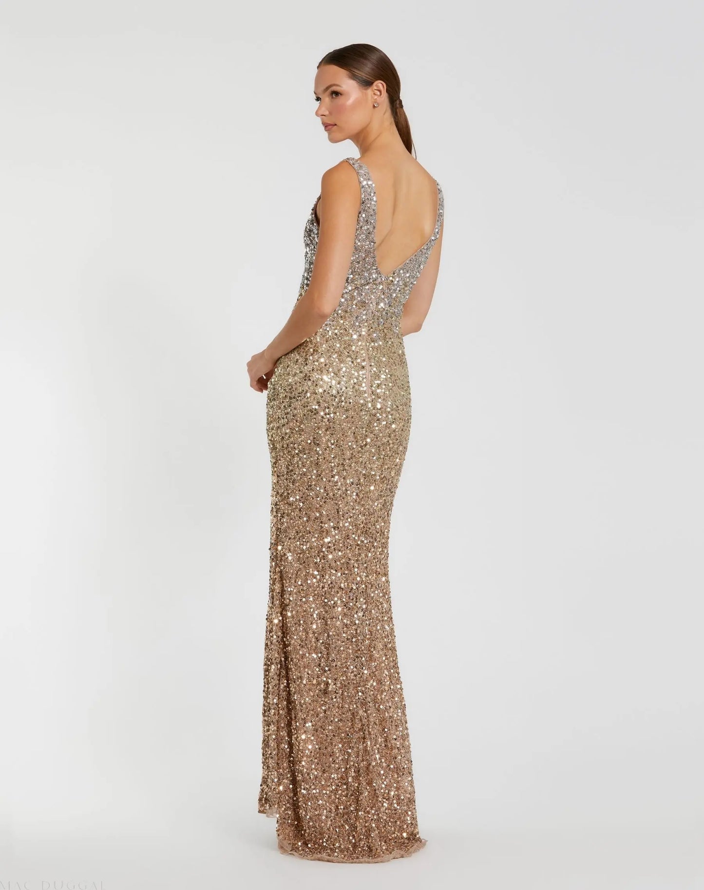 Gold Sequined Sleeveless V Neck Side Slit Gown - Mac Duggal