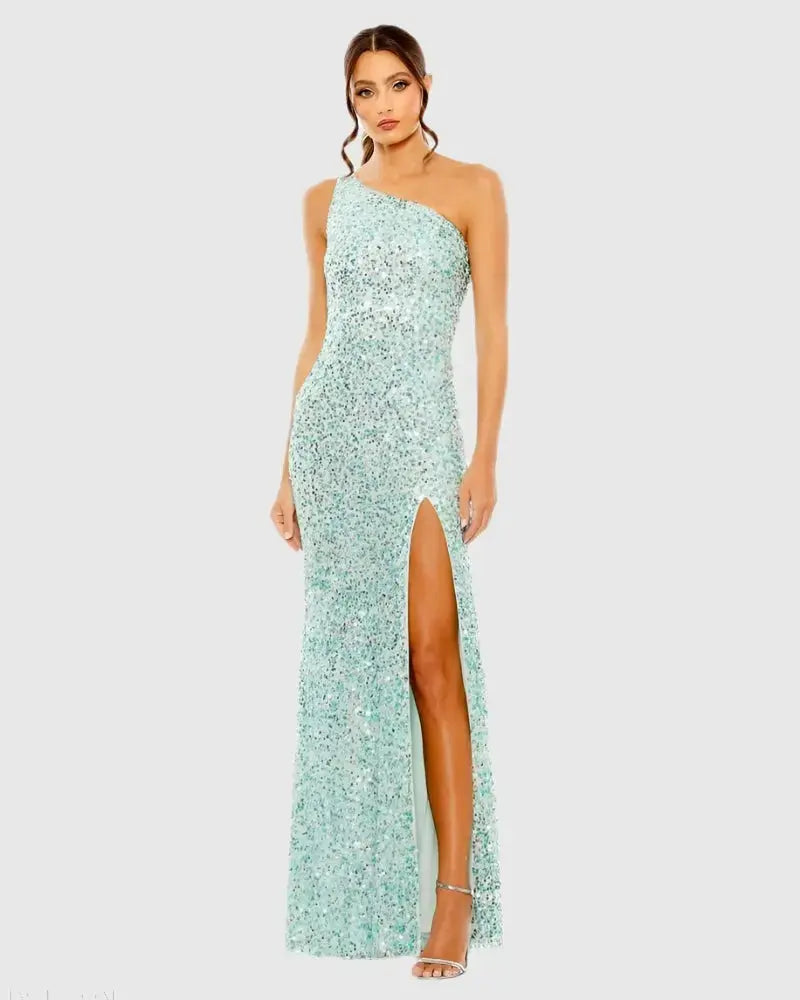 Blue Sequined One Shoulder Gown With Slit Blue Sequined One Shoulder Gown With Slit