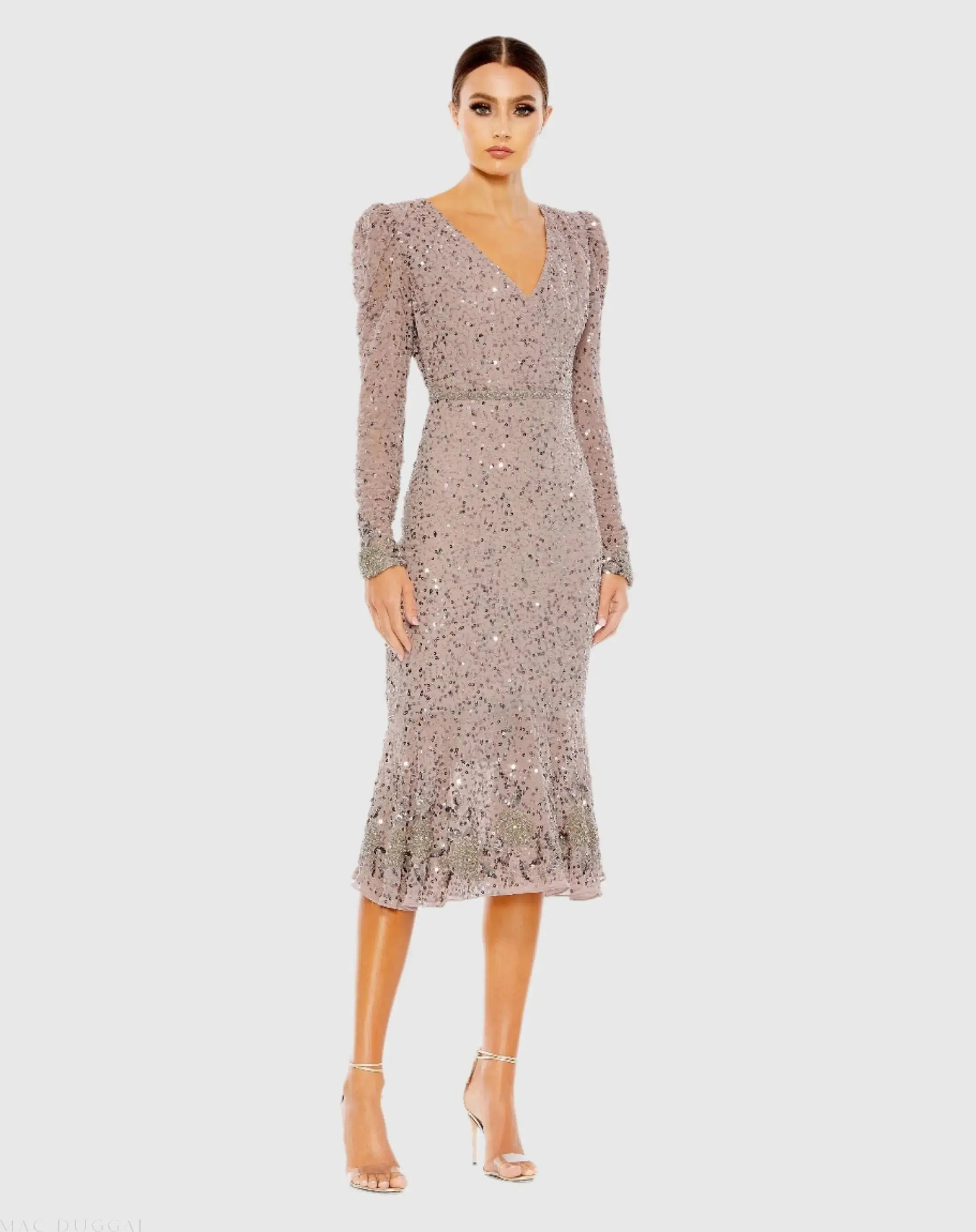 Mac Duggal Sequin Midi Dress with Beaded Hemline