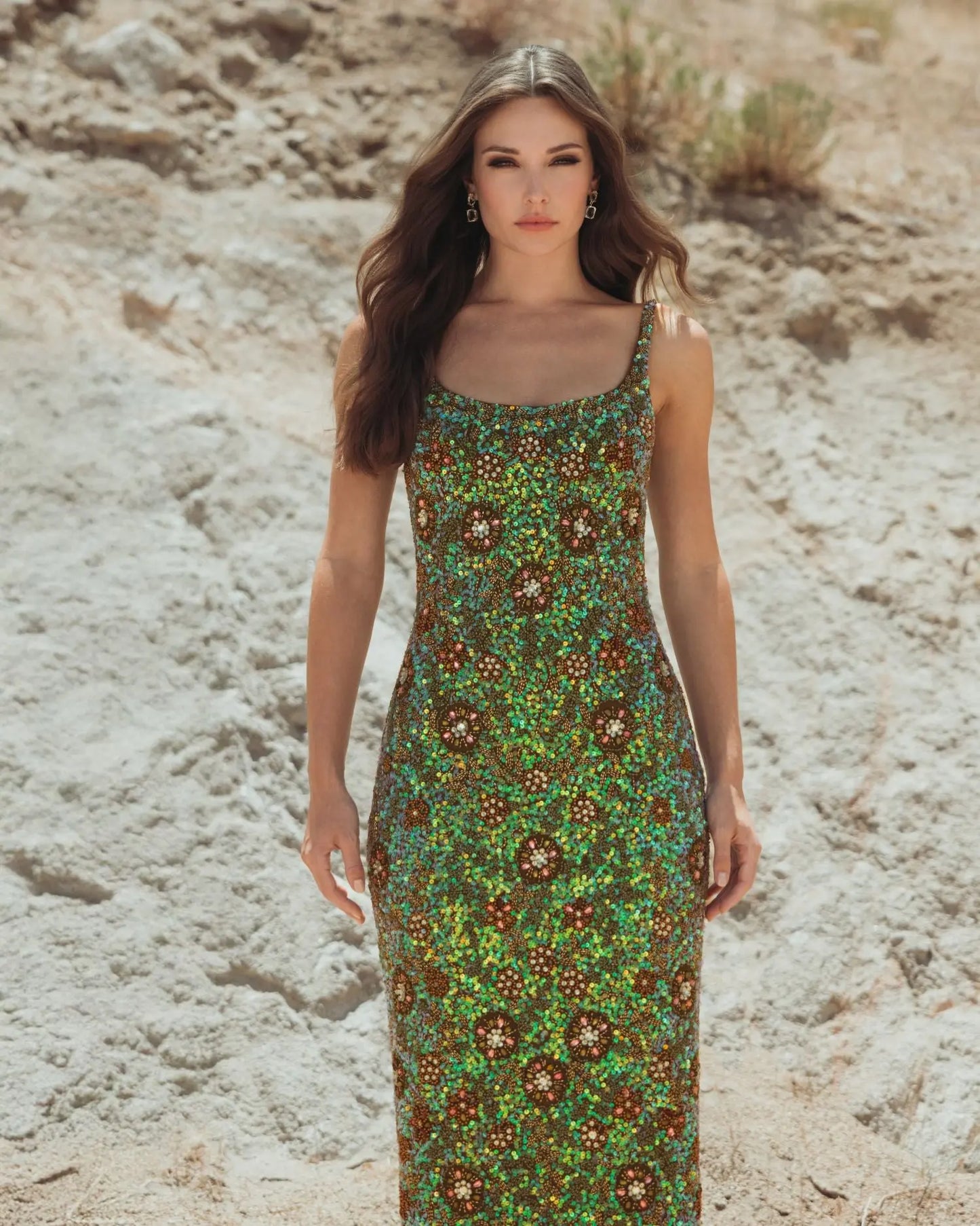 Green Sleeveless Hand Embellished Floral Maxi Dress - Mac Duggal
