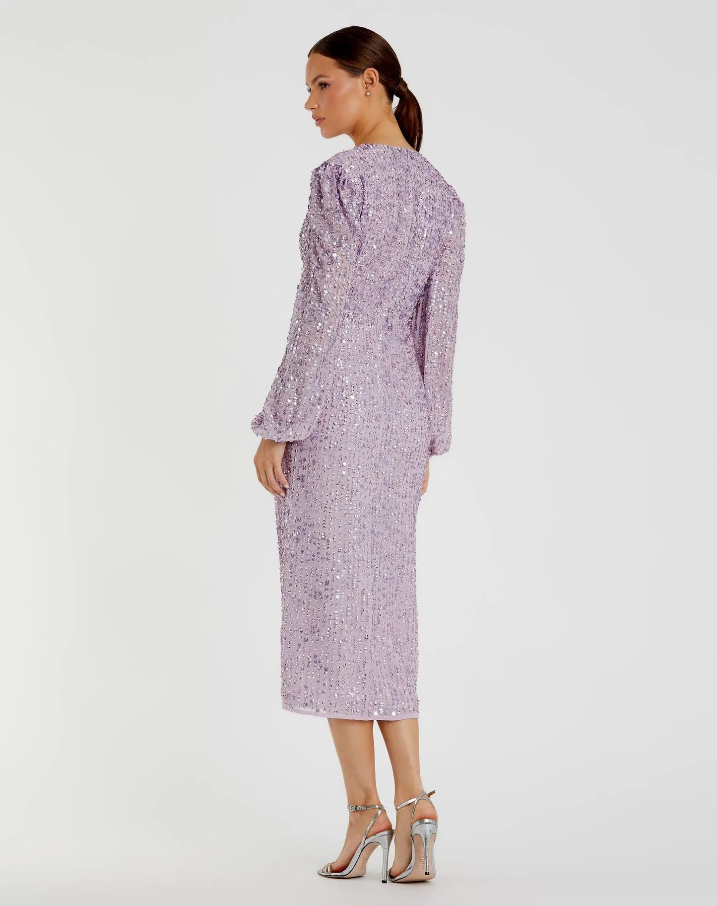 Purple Sequined Illusion Puff Sleeve V Neck Midi Dress - Mac Duggal