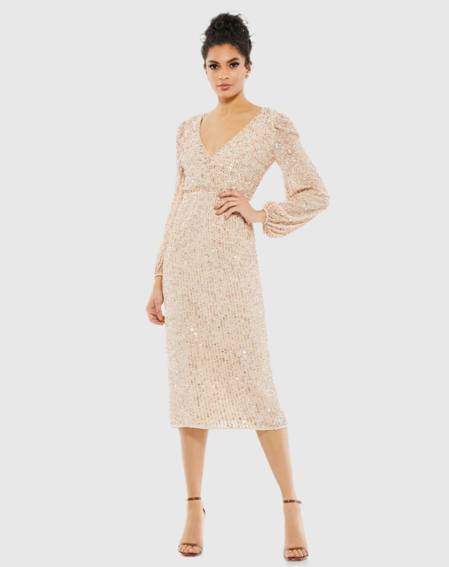Sequined Illusion Puff Sleeve V Neck Midi Dress - Mac Duggal