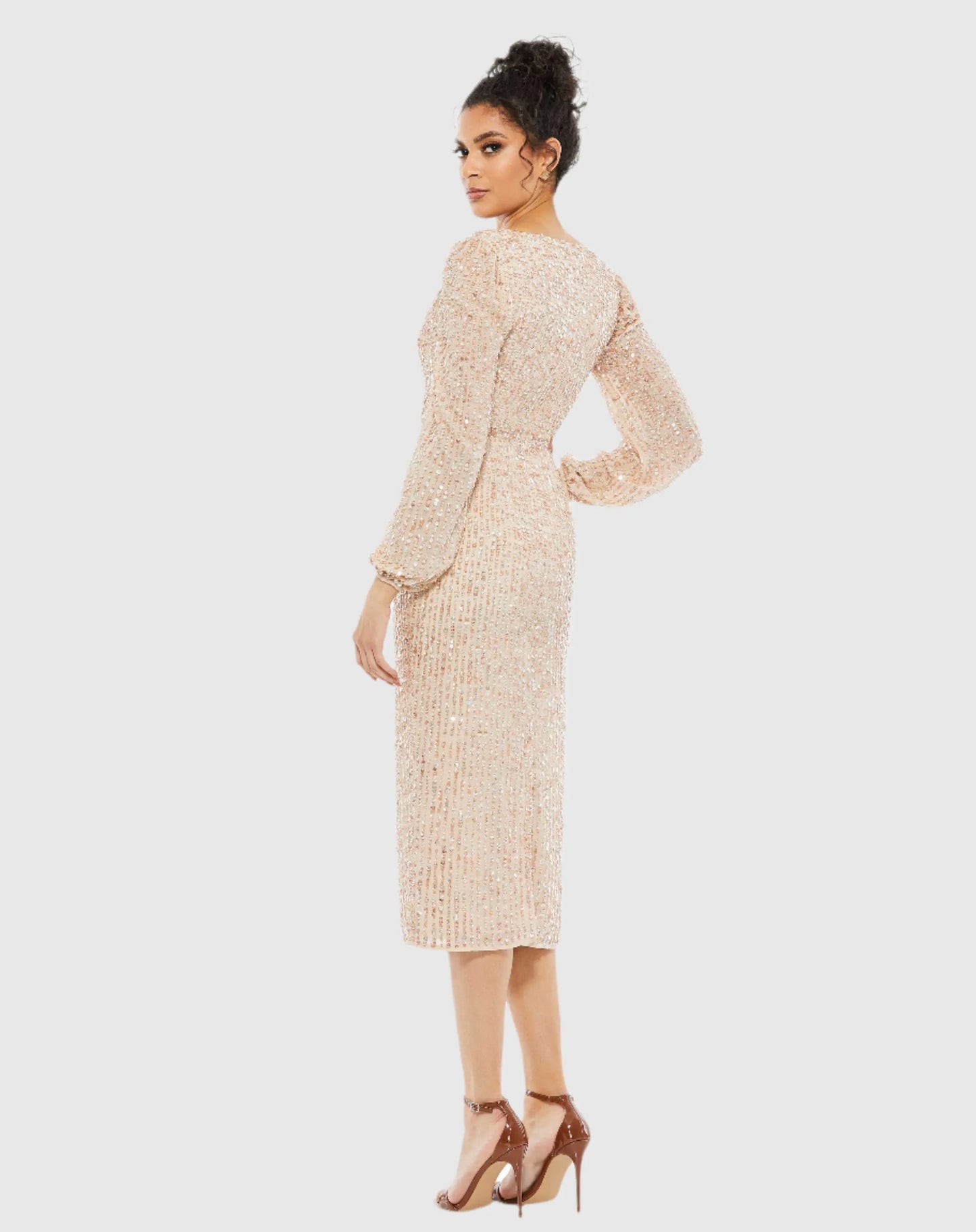 Sequined Illusion Puff Sleeve V Neck Midi Dress - Mac Duggal