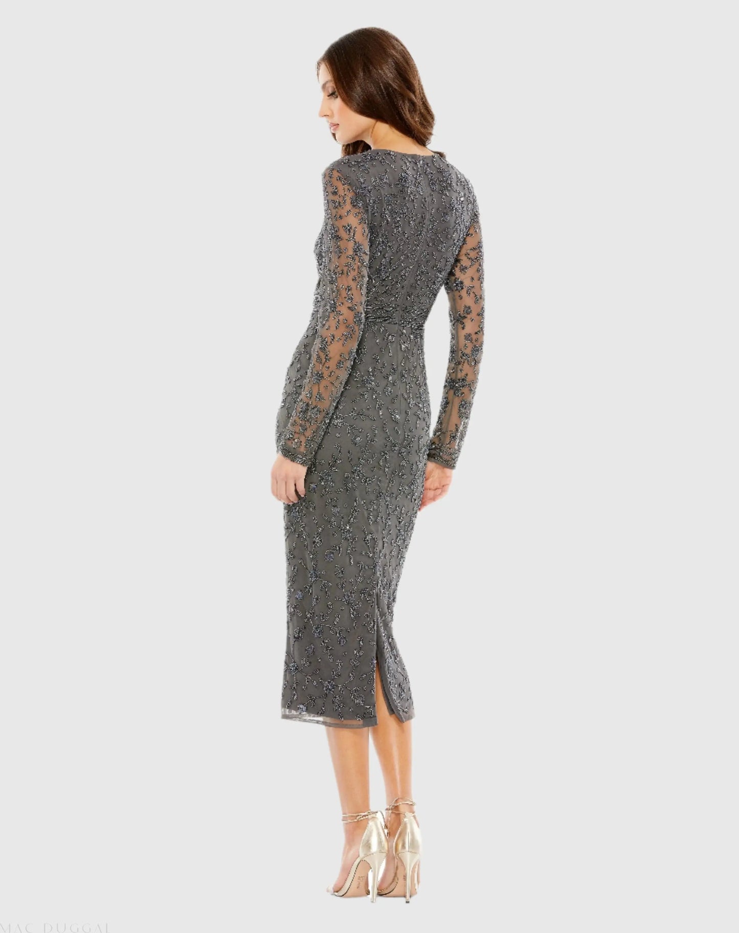 Gray Beaded Tea Length Dress w/ Sheer Sleeves - Mac Duggal