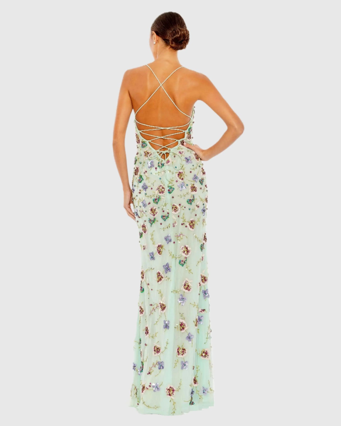 Green Embellished Spaghetti Strap Lace Up Gown - Mac Duggal