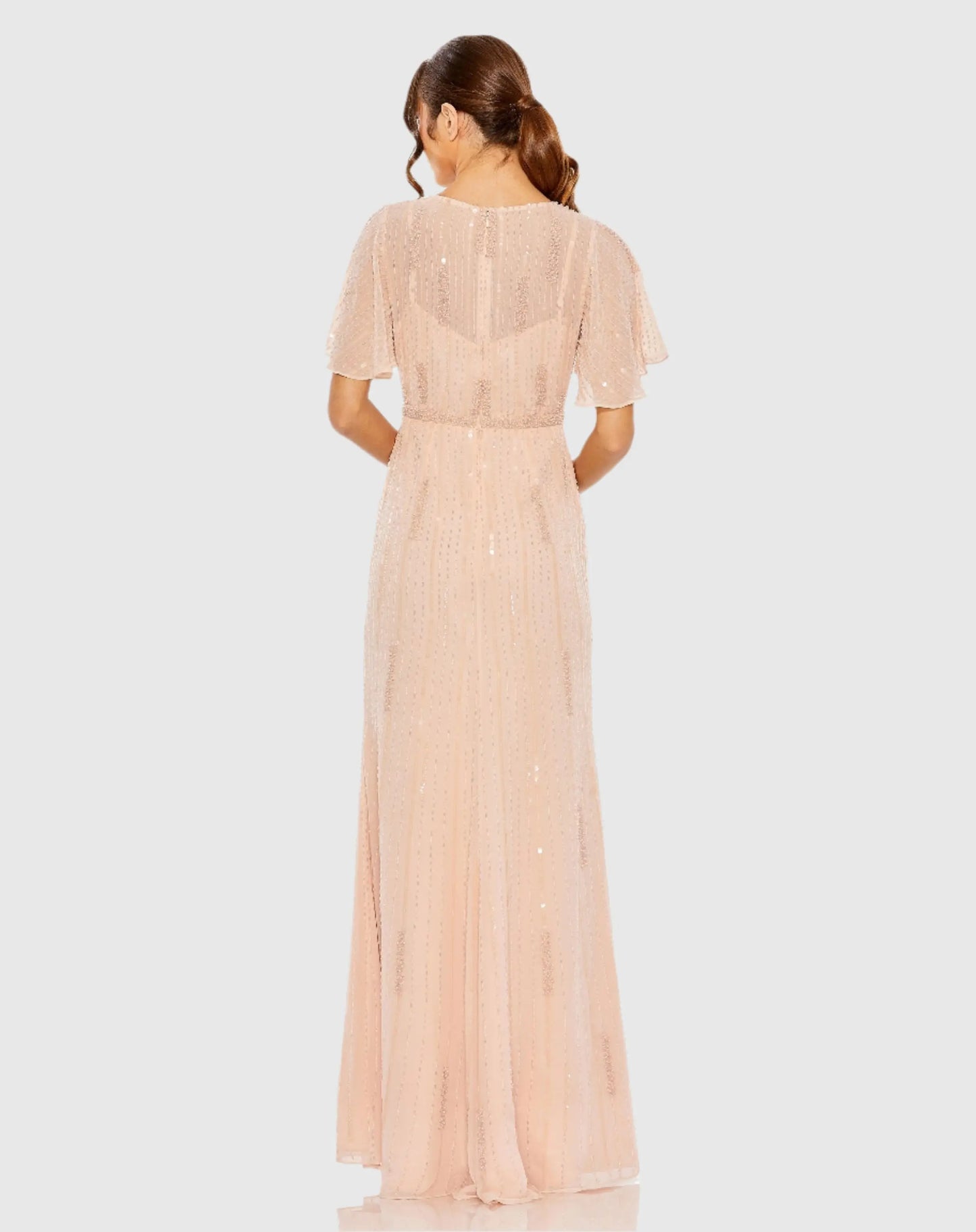 Pink High Neck Flutter Sleeve Embellished Gown - Mac Duggal
