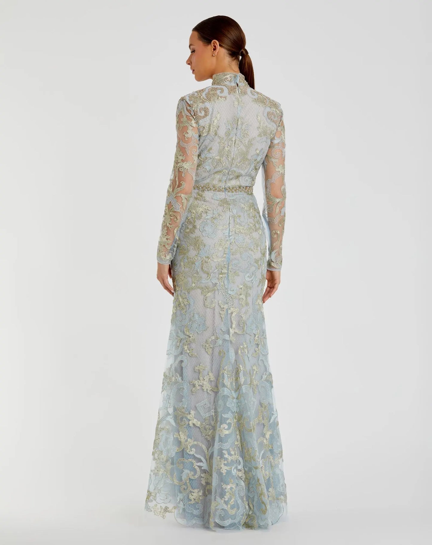 Blue Queen Anne Lace Long Sleeve V-Neck Trumpet Gown - Mac Duggal