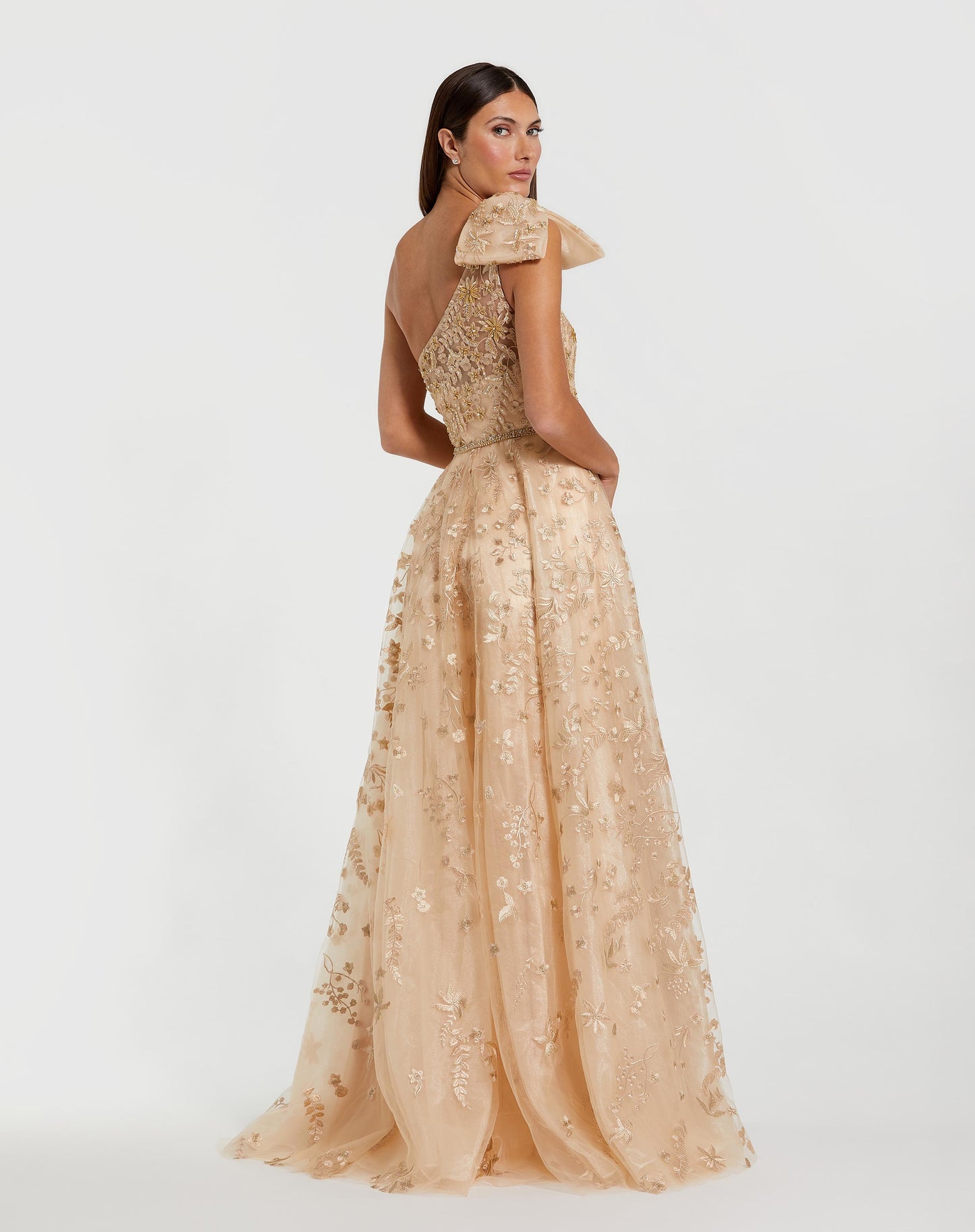 Beige Embellished Bow One Shoulder A Line Gown - Mac Duggal