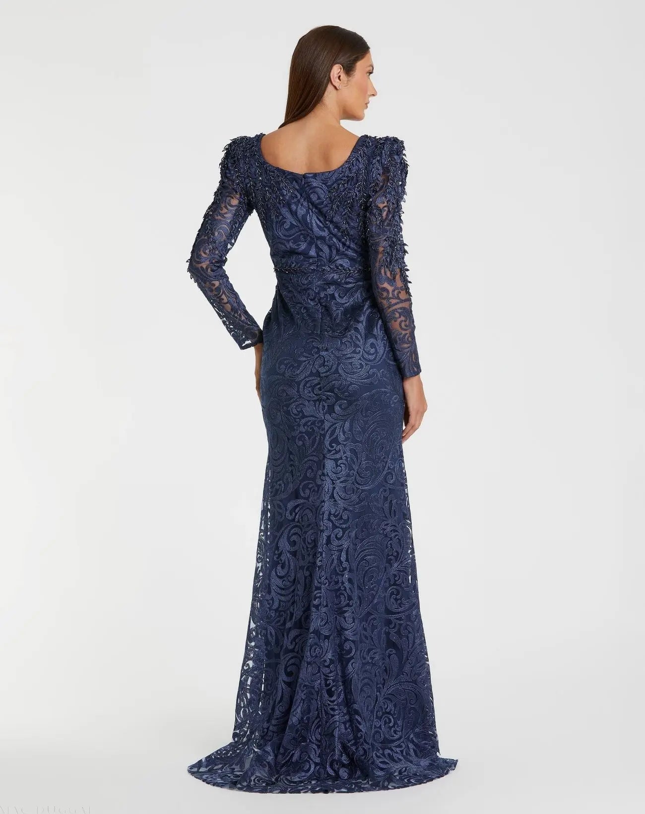Blue Embroidered Lace Applique Shoulder Detail Trumpet Gown - Mac Duggal