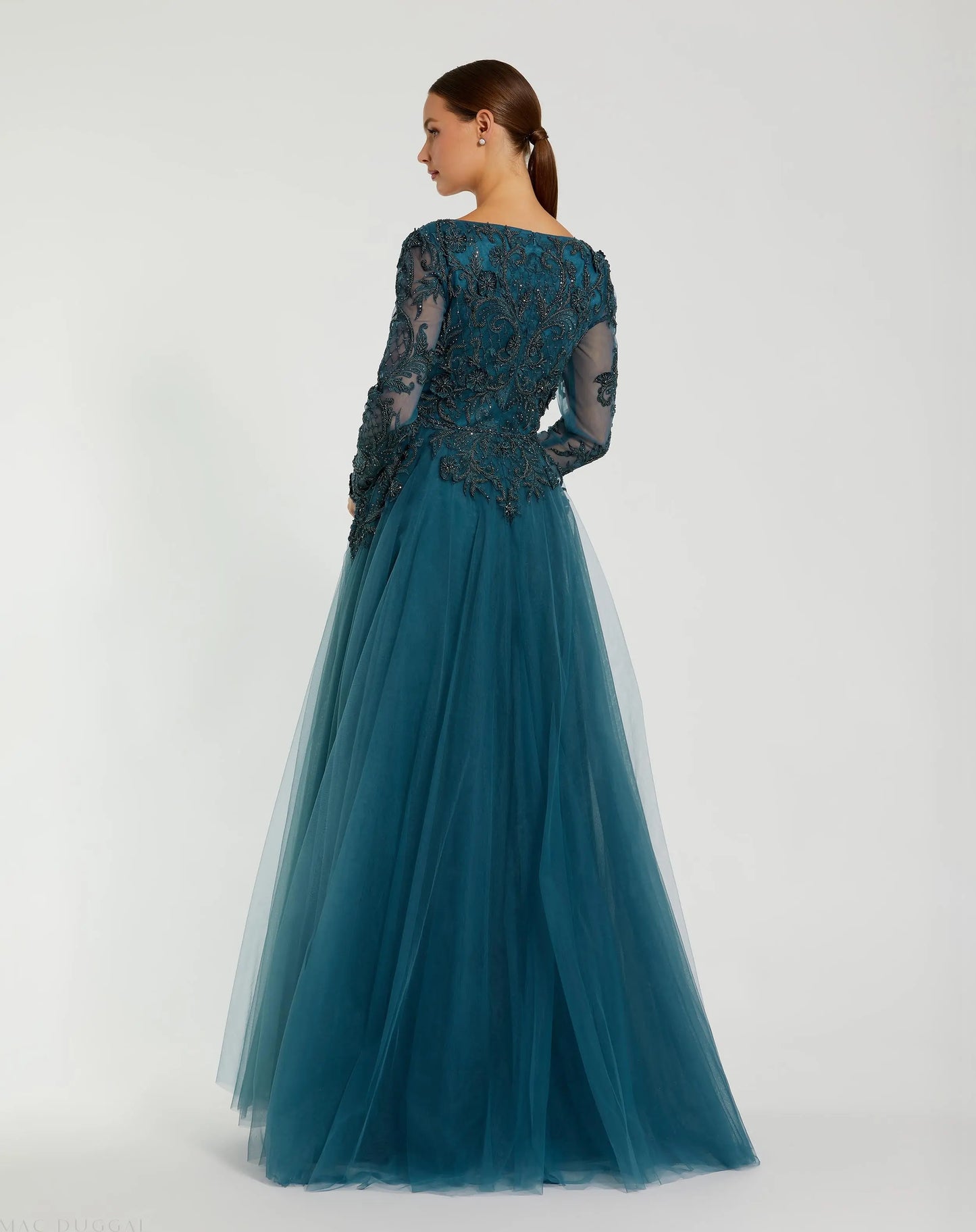 Teal Long Sleeve Embellished Tulle Gown - Mac Duggal