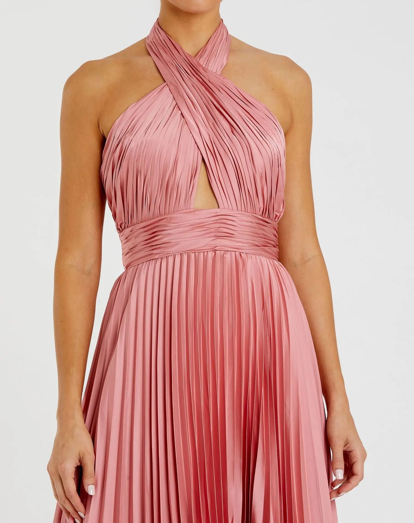 Pleated Halter Neck Asymmetrical Hem Gown - Mac Duggal