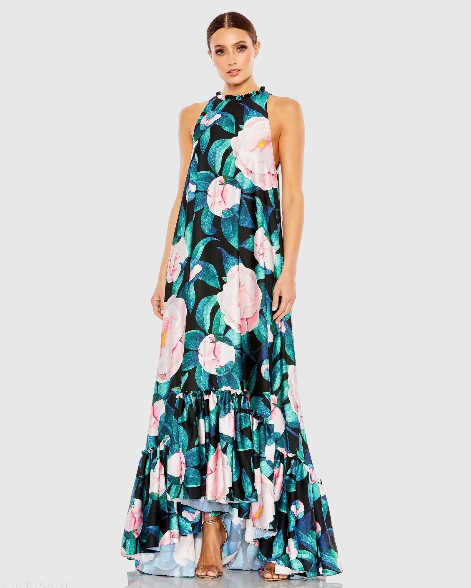 Multicolor High Neck Floral Babydoll Long Dress - Mac Duggal Multicolor High Neck Floral Babydoll Long Dress - Mac Duggal