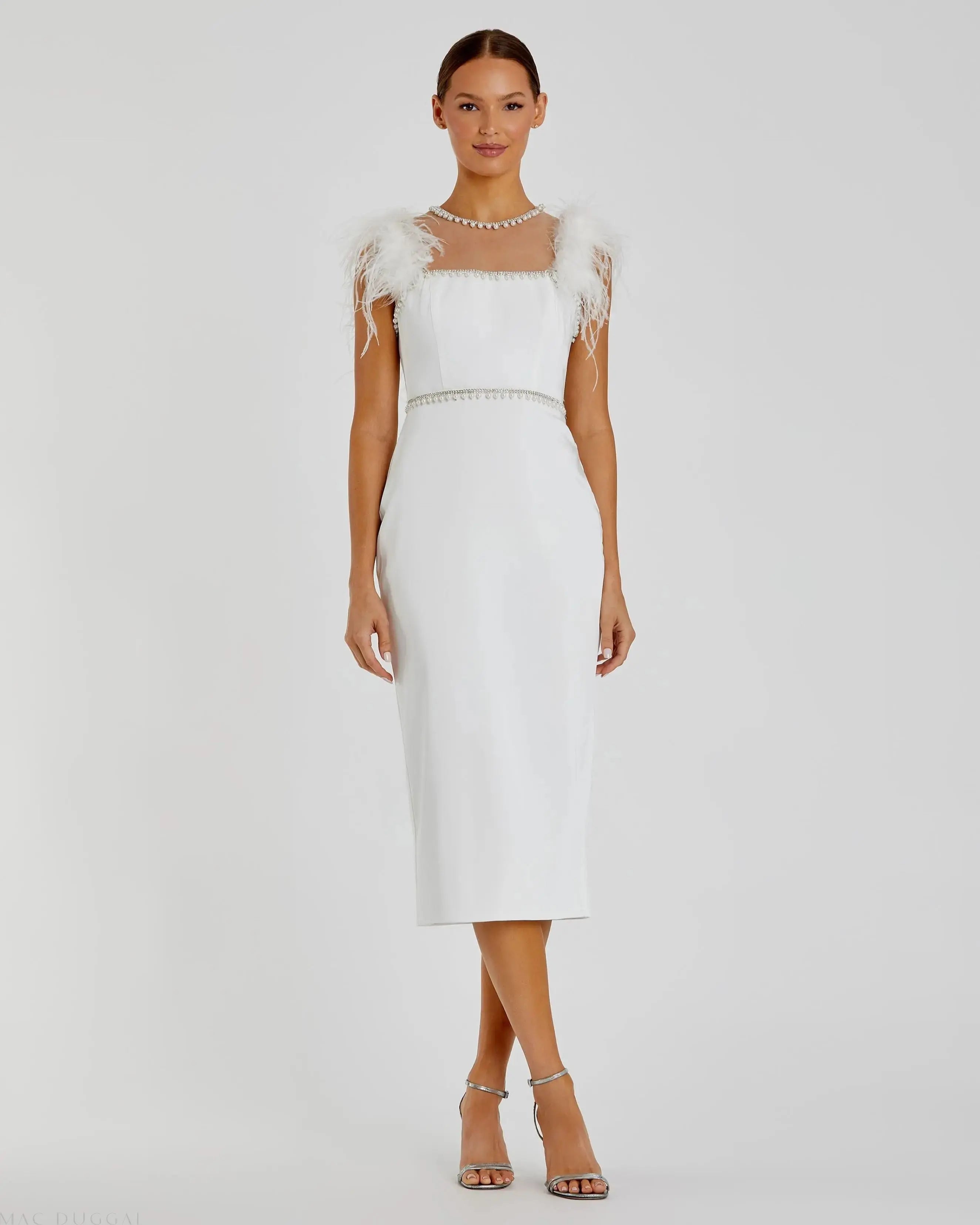white dress with pearls Mac Duggal - White Feather Cap Sleeve Pearl Embellished Tea-length Dress