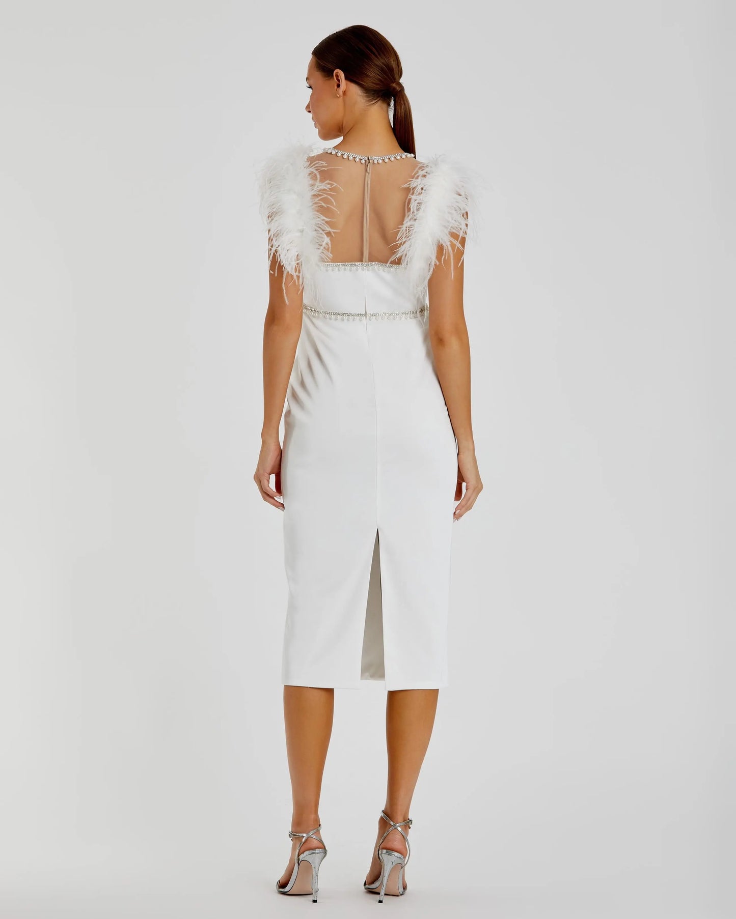 White Feather Cap Sleeve Pearl Embellished Tea-length Fit Dress - Mac Duggal