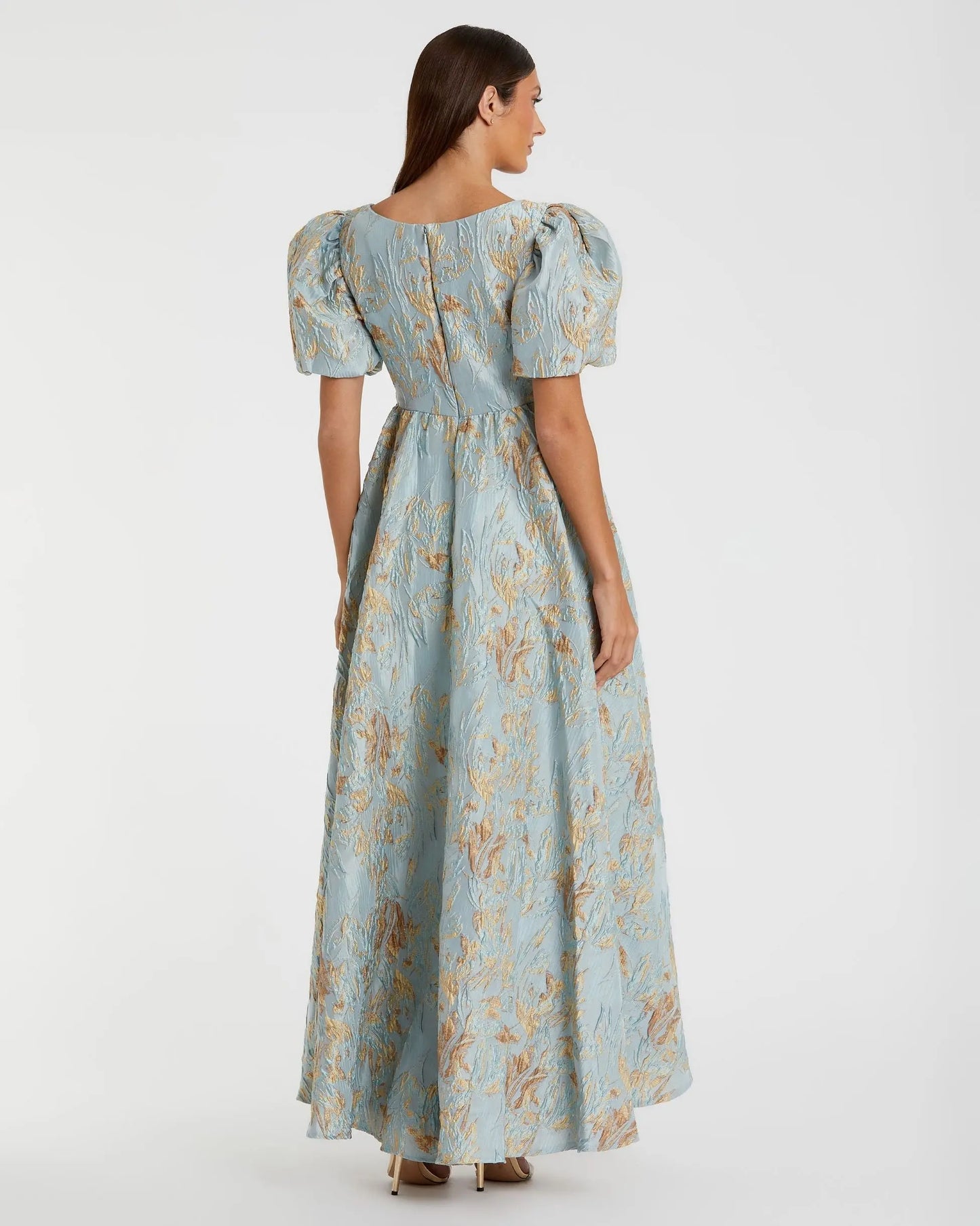 Blue Brocade Puff Sleeve High Low Gown - Mac Duggal