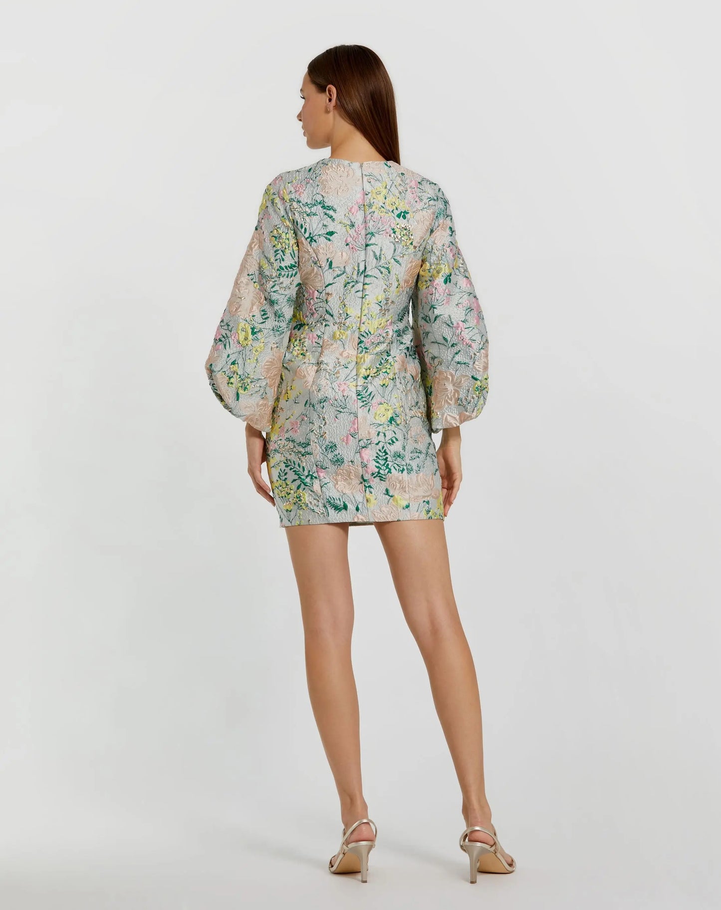 Multicolor Floral Brocade Puff Sleeve Fitted Mini Dress - Mac Duggal
