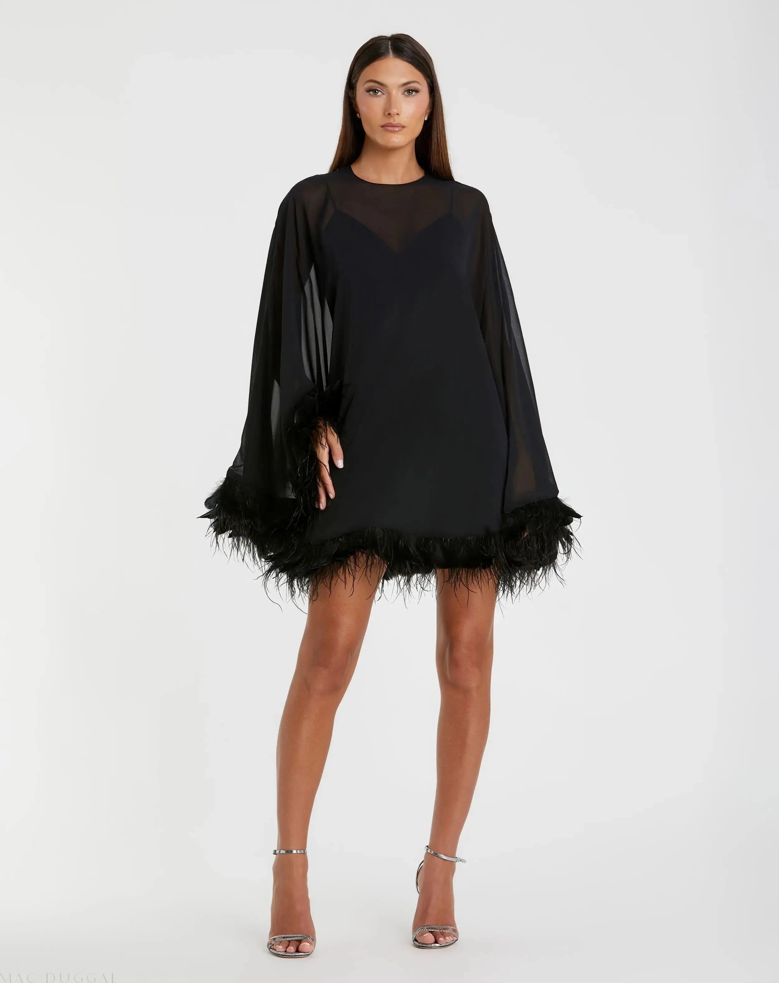 Mac Duggal - Trapeze Feather Trim Mini Dress - Black Mac Duggal - Trapeze Feather Trim Mini Dress - Black