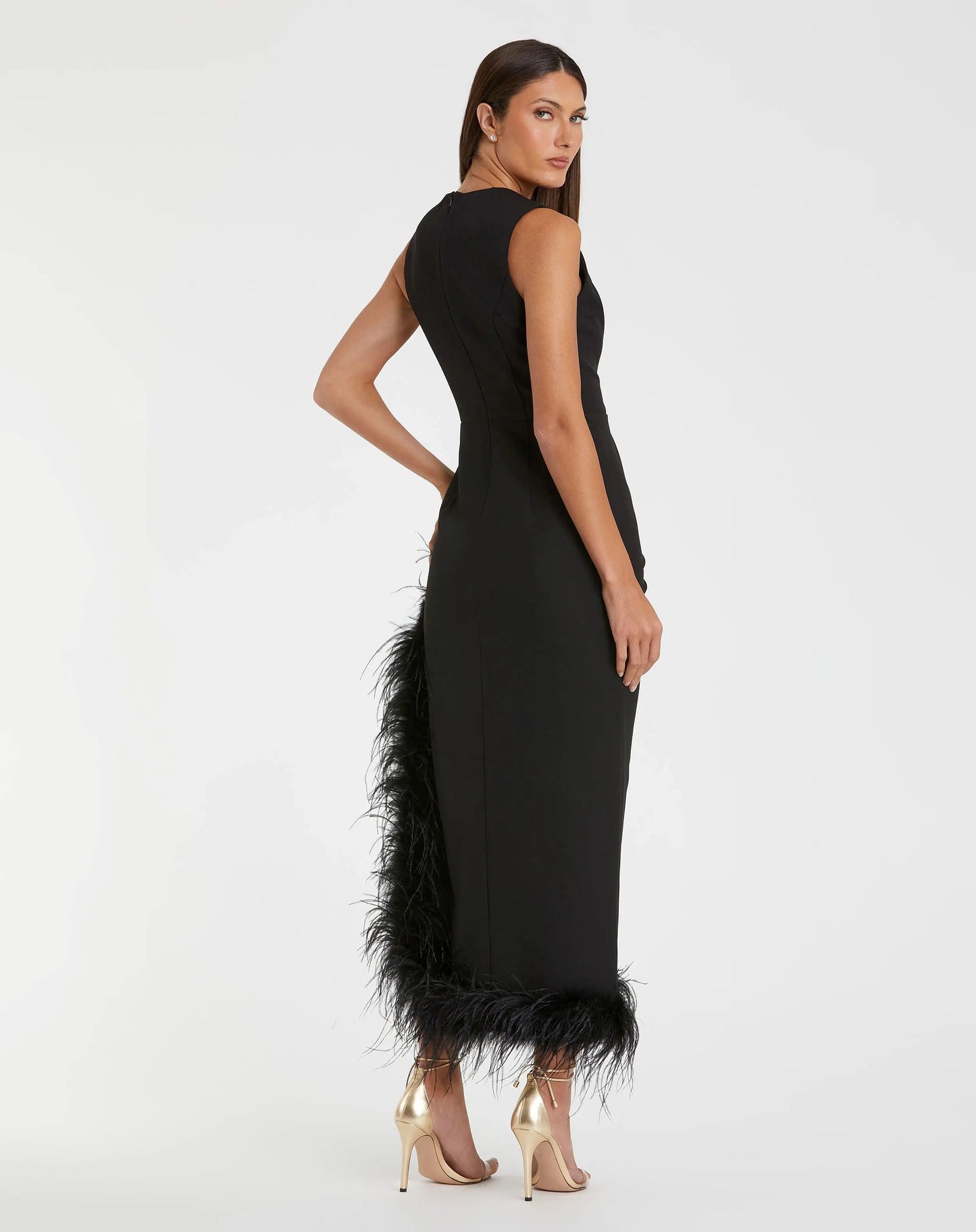 Black Ruched High-Low Column Dress with Feather Trim - Ieena for Mac Duggal