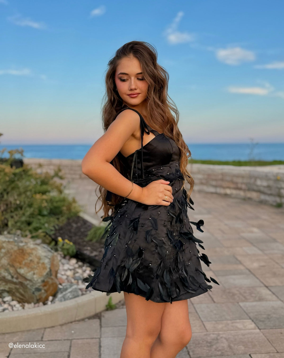 Black Feather Embellished Bow Strap Satin Mini Dress - Mac Duggal