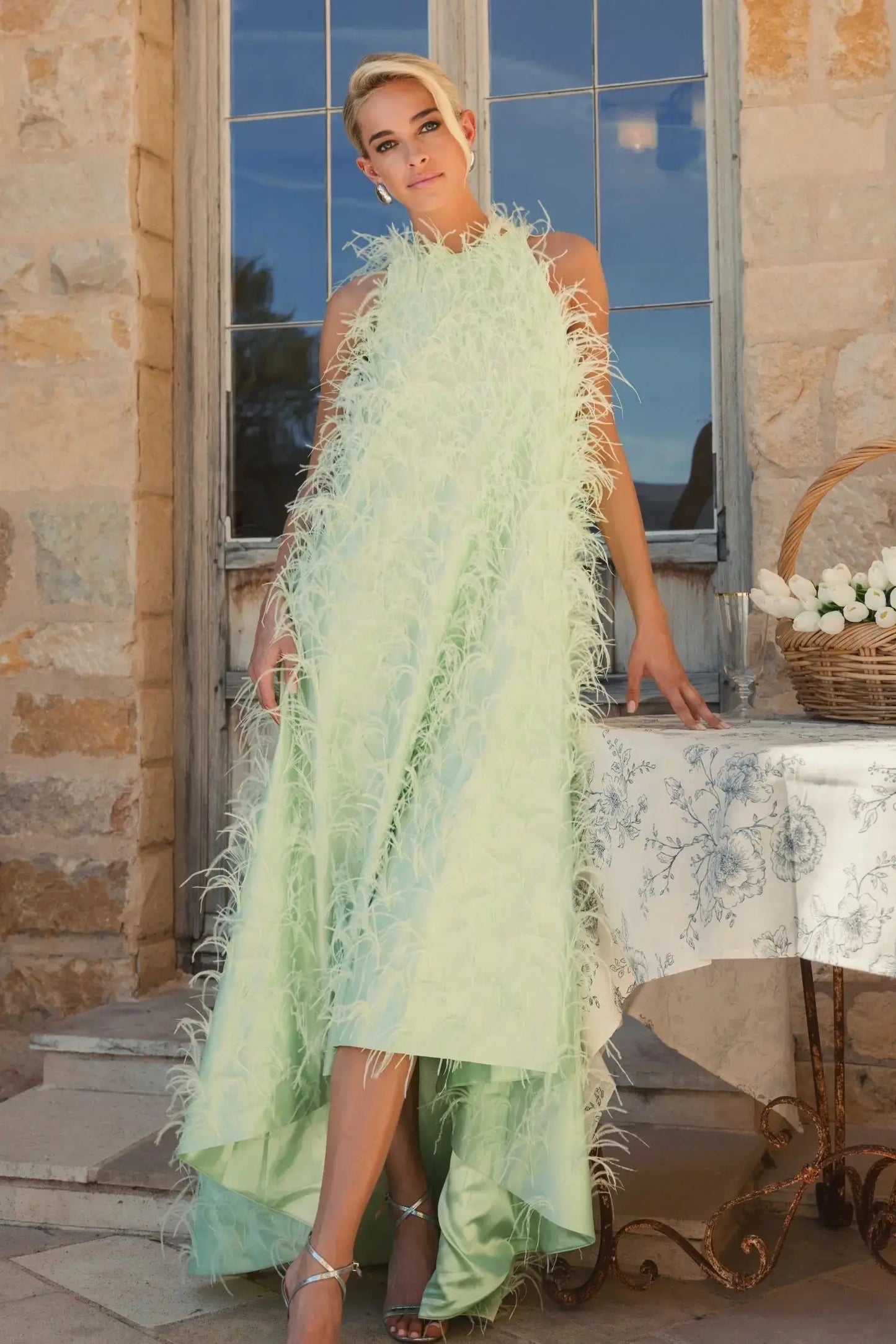 Green Sleeveless Feather Embellished Trapeze Gown - Mac Duggal