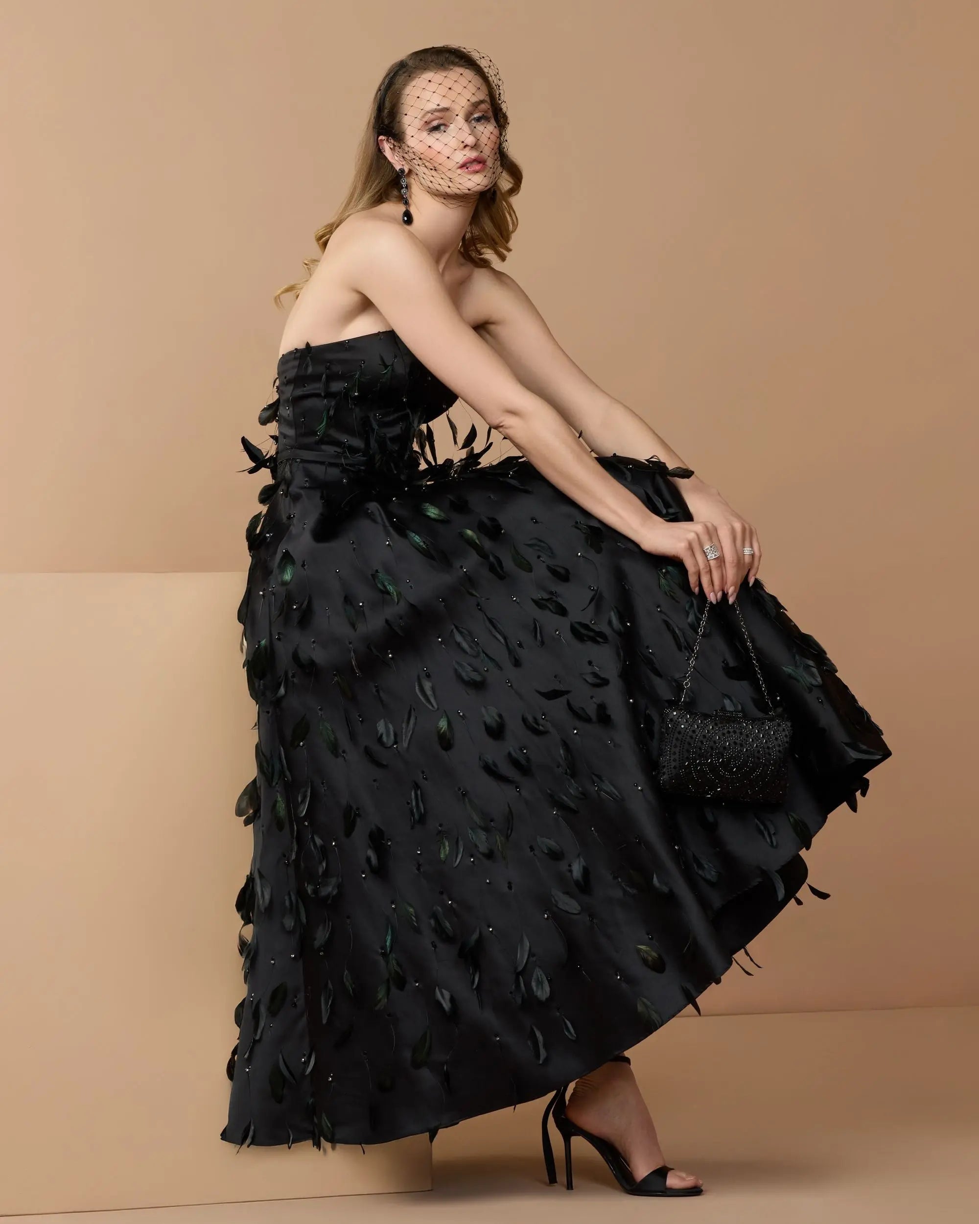 fitted lace wedding dress Black Strapless Feather Embellished Satin A-Line Dress