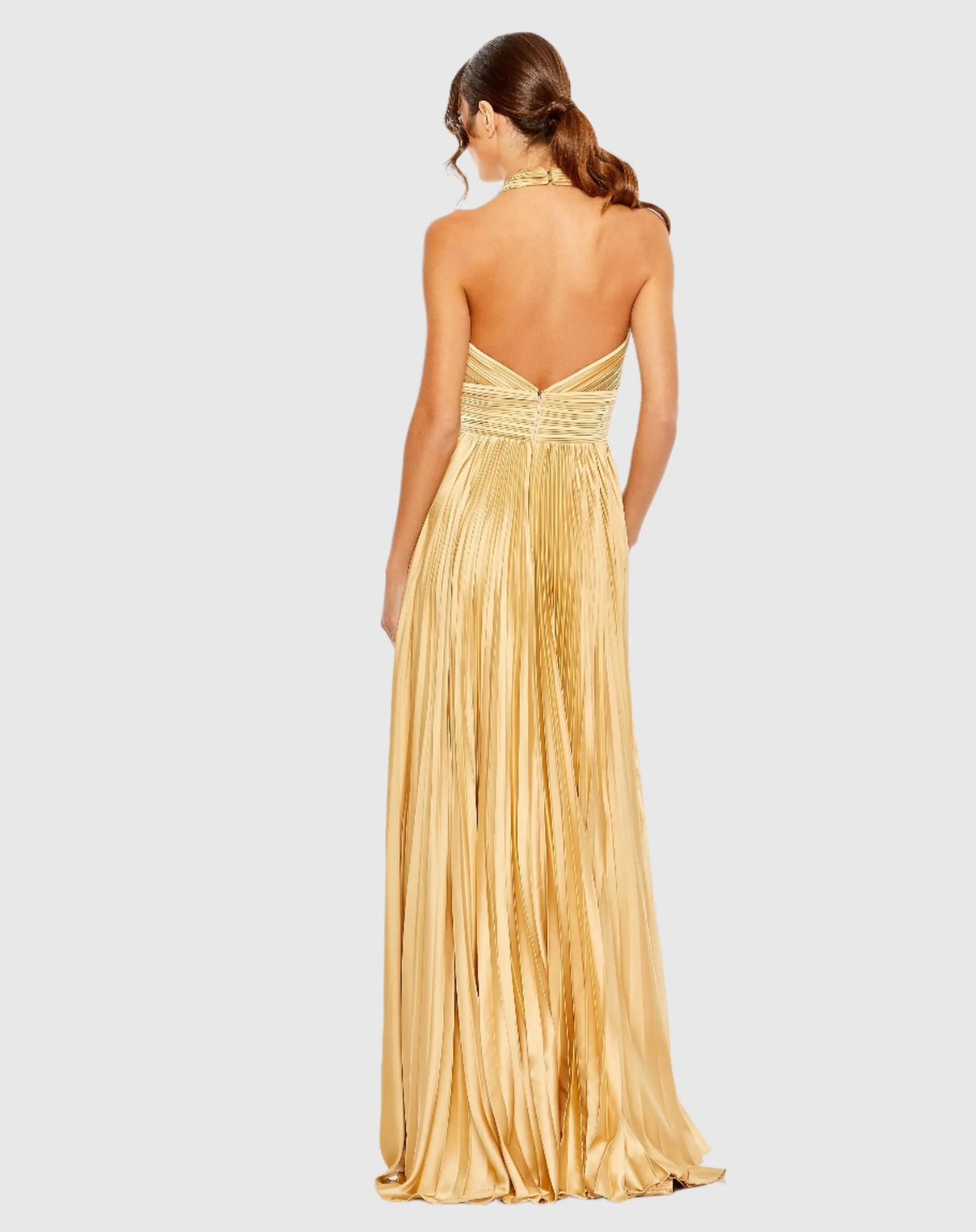 Gold Pleated Halter Neck Gown with Center Bow - Mac Duggal