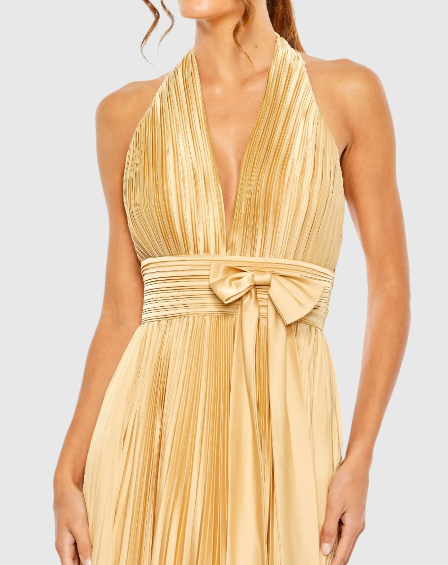 Gold Pleated Halter Neck Gown with Center Bow - Mac Duggal